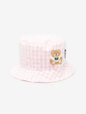 Baby Girls Gingham Teddy Bear Bucket Hat in Pink