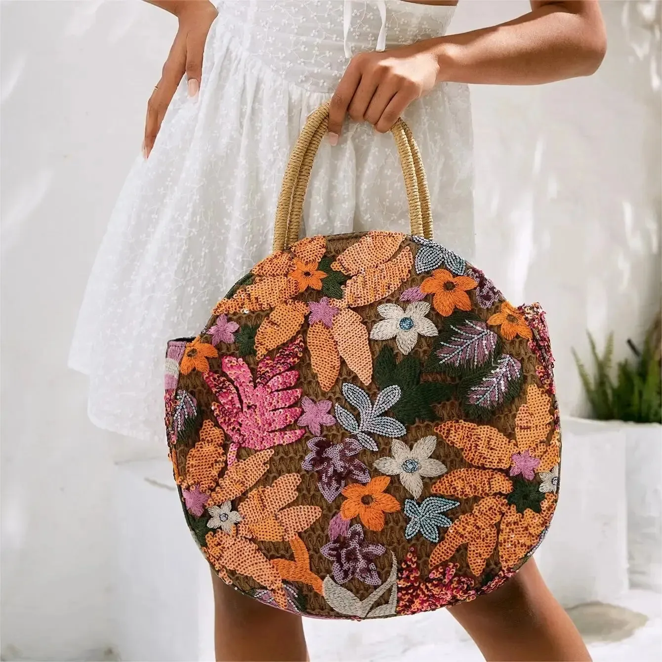 Floral Sequins Round Straw Tote Bag Anna Kay Co