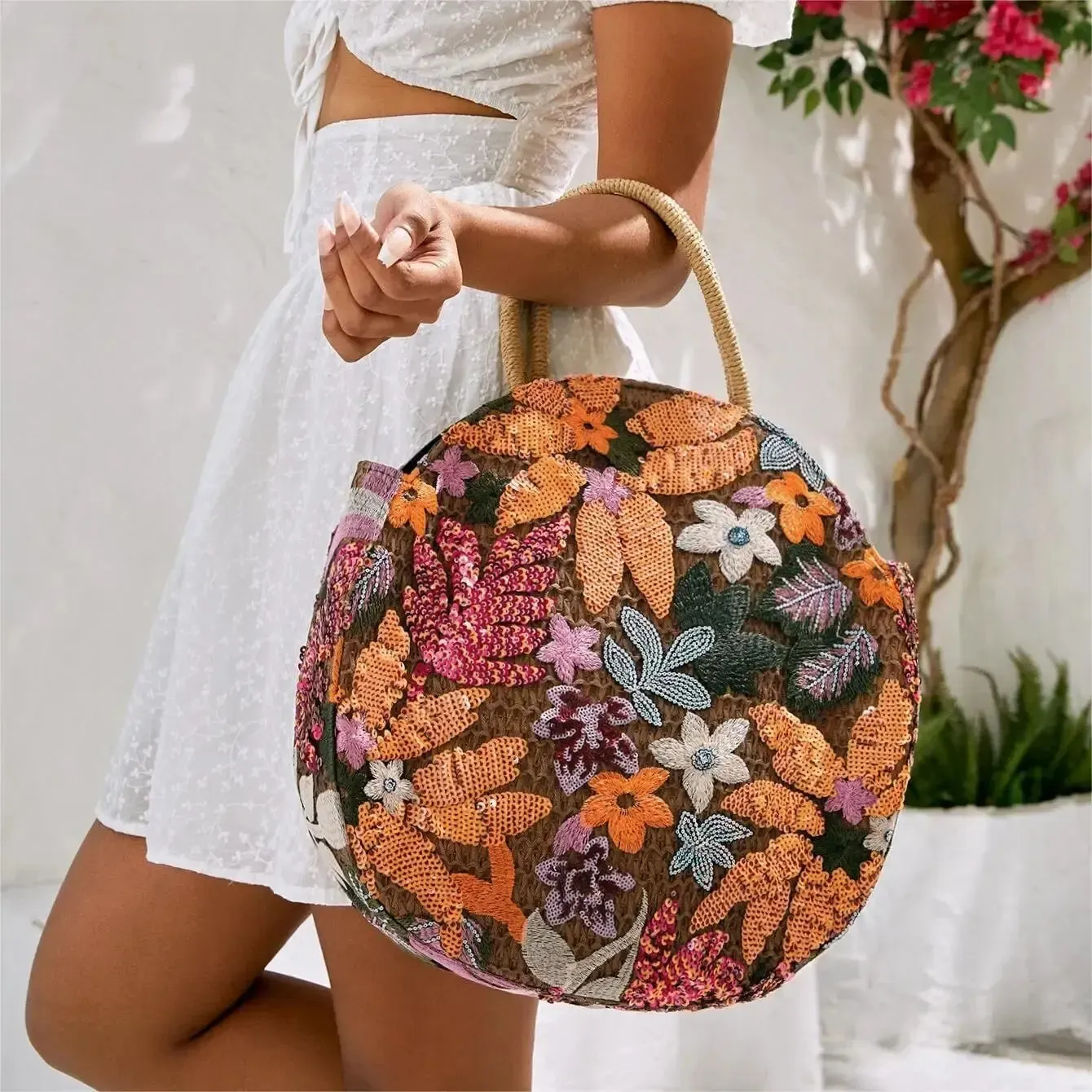 Floral Sequins Round Straw Tote Bag Anna Kay Co