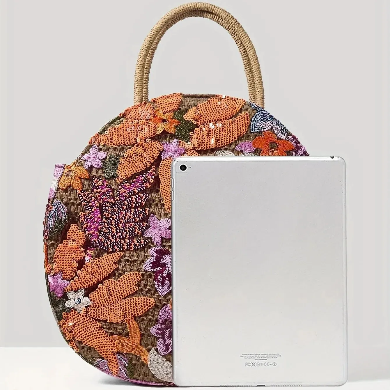 Floral Sequins Round Straw Tote Bag Anna Kay Co