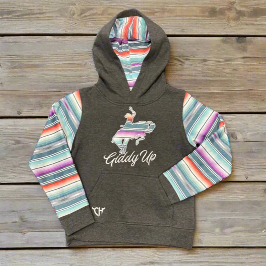 Giddy up Girls Serape Sleeve Pullover Hoodie with Bronc Graphic