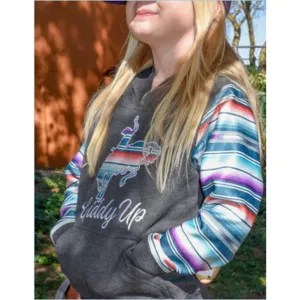 Giddy up Girls Serape Sleeve Pullover Hoodie with Bronc Graphic