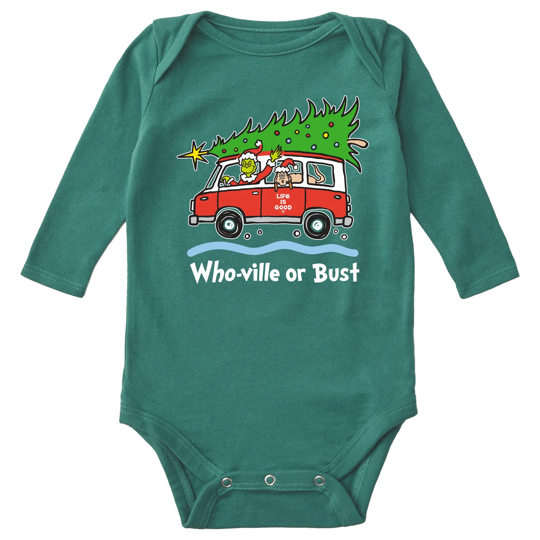 Infant Grinch and Max Who-Ville Or Bust Long Sleeve Crusher Baby Bodysuit Life is Good