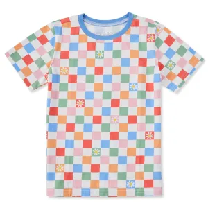 Kids Daisy Checkerboard Pattern Short Sleeve Crusher Tee Life is Good