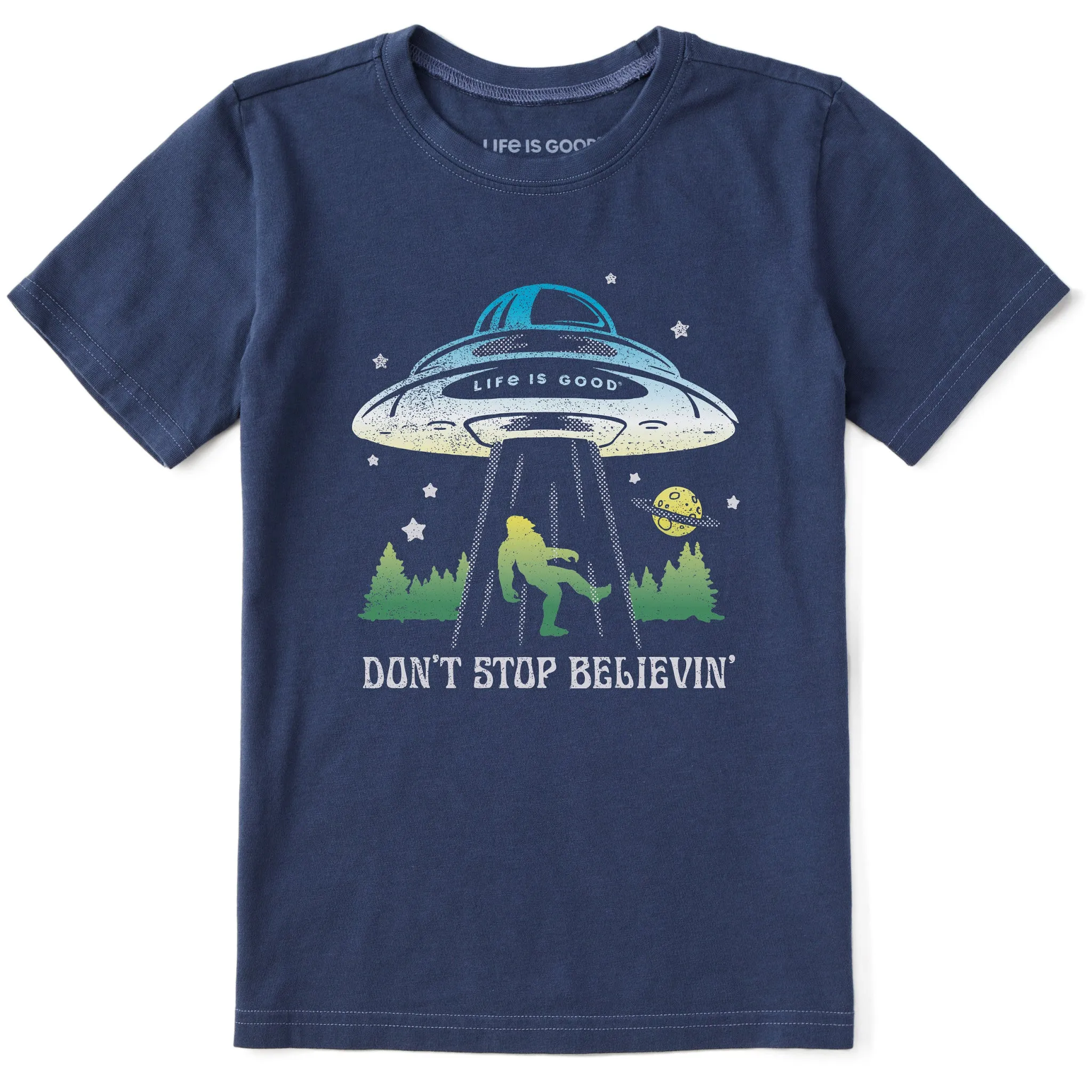 Kids Don't Stop Believin' Bigfoot Abduction Short Sleeve Crusher Tee Life is Good
