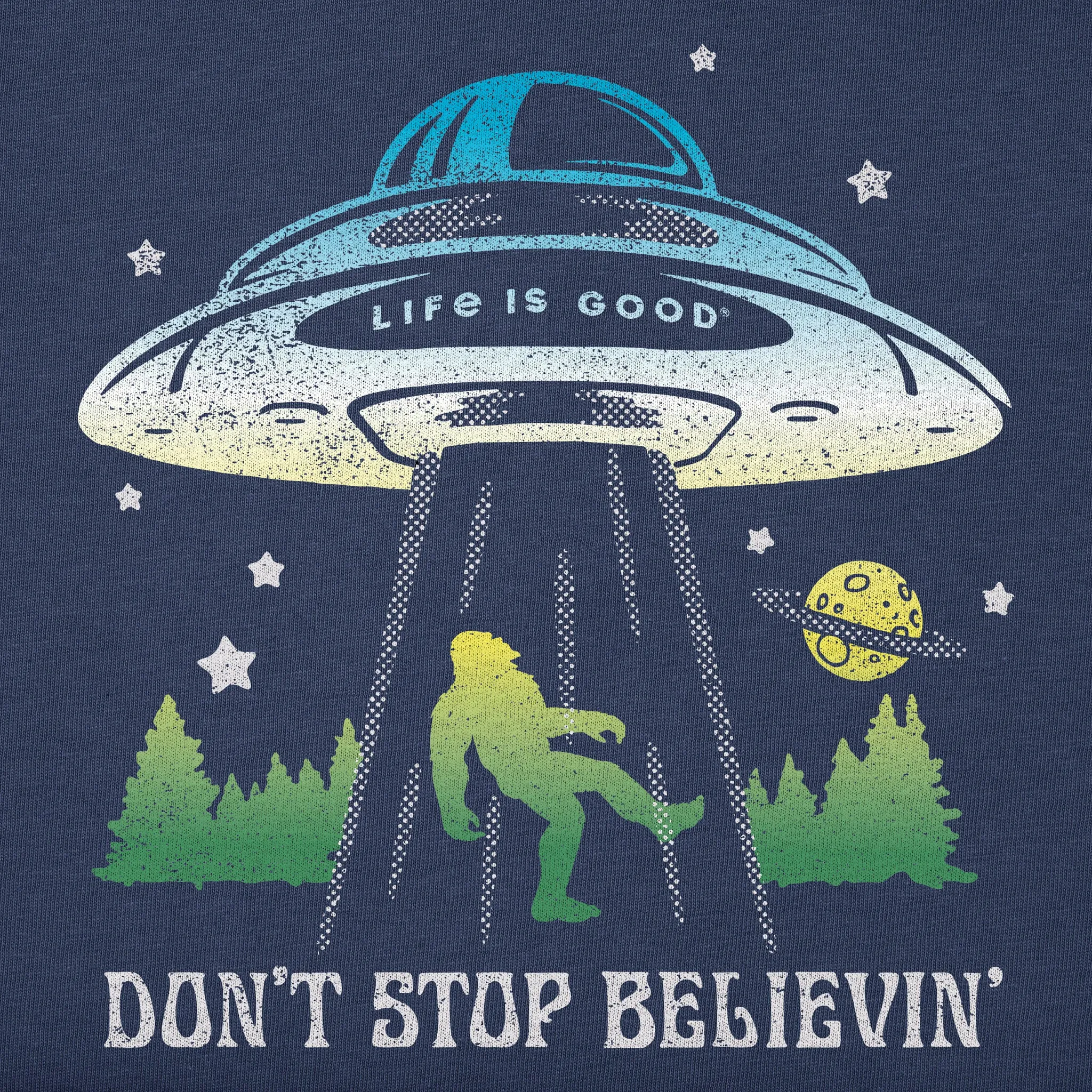 Kids Don't Stop Believin' Bigfoot Abduction Short Sleeve Crusher Tee Life is Good