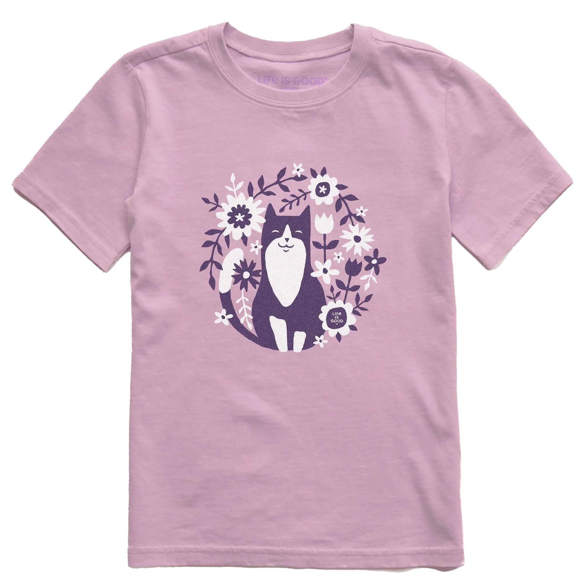 Kids Flower Circle Cat Short Sleeve Crusher Tee Life is Good