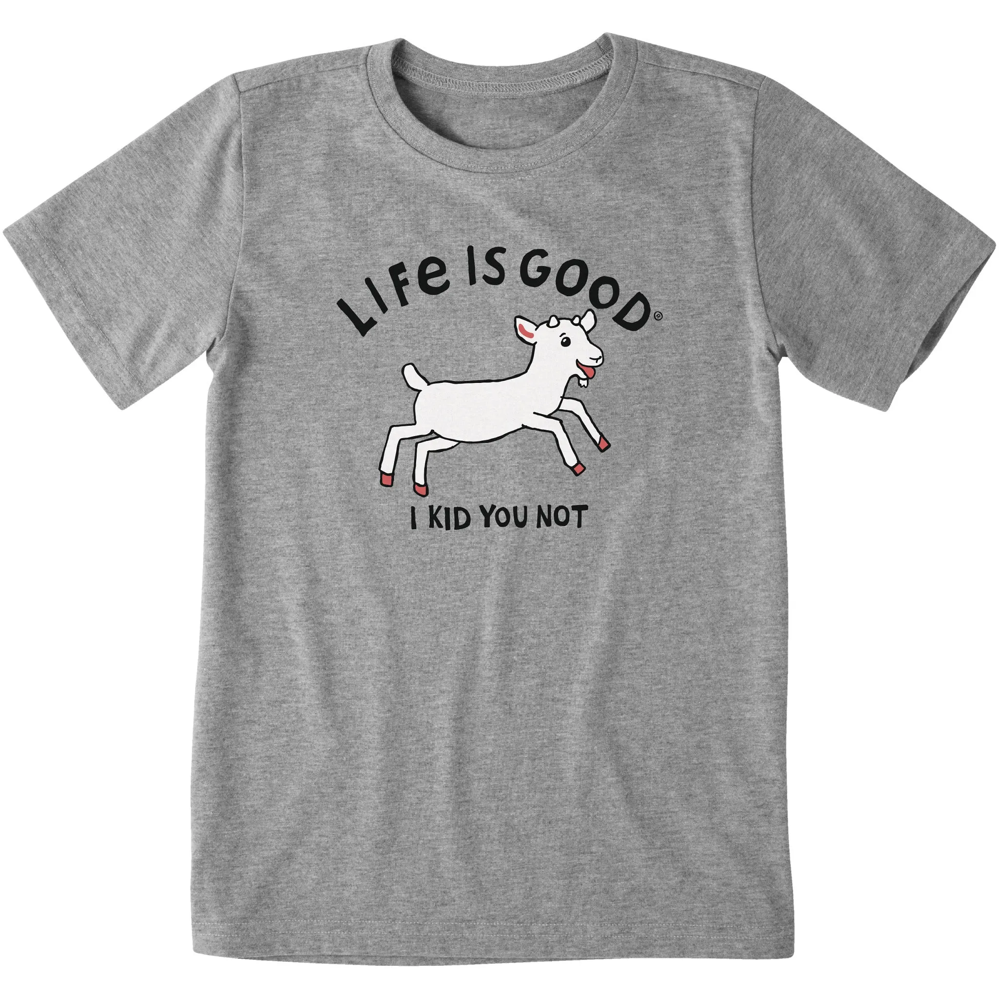 Kids Jumping Baby Goat Short Sleeve Crusher Tee Life is Good