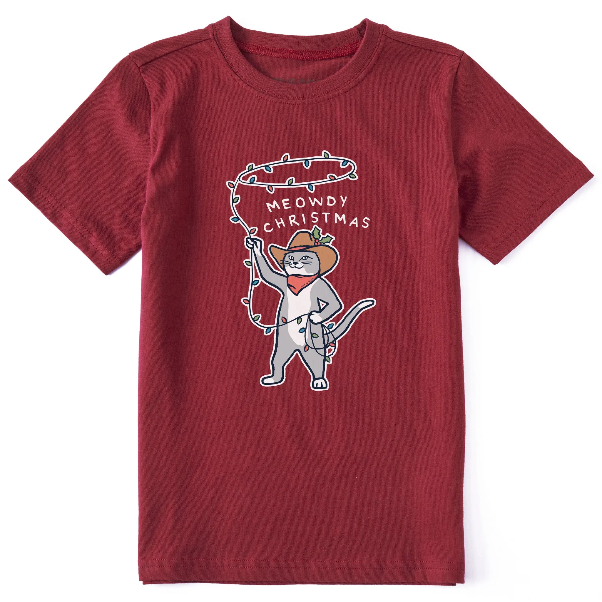 Kids Meowdy Christmas Lights Short Sleeve Crusher Tee Life is Good