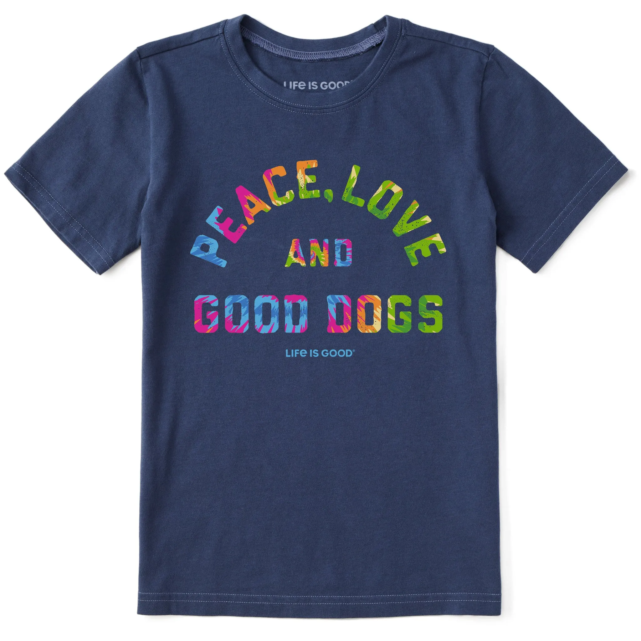 Kids Peace Love and Good Dogs Tie Dye Short Sleeve Crusher Tee Life is Good