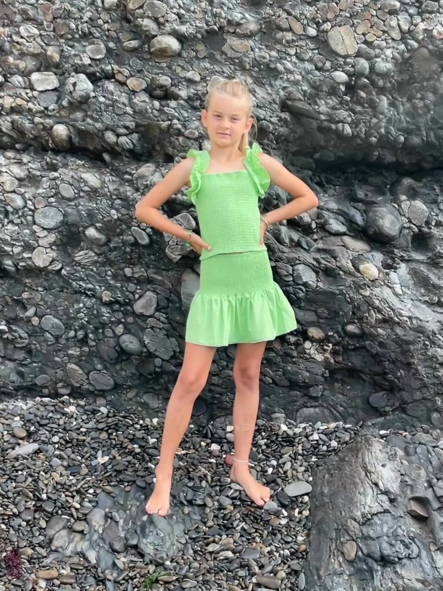 Kids Smocked Ruffle Tank Top In Lime Green
