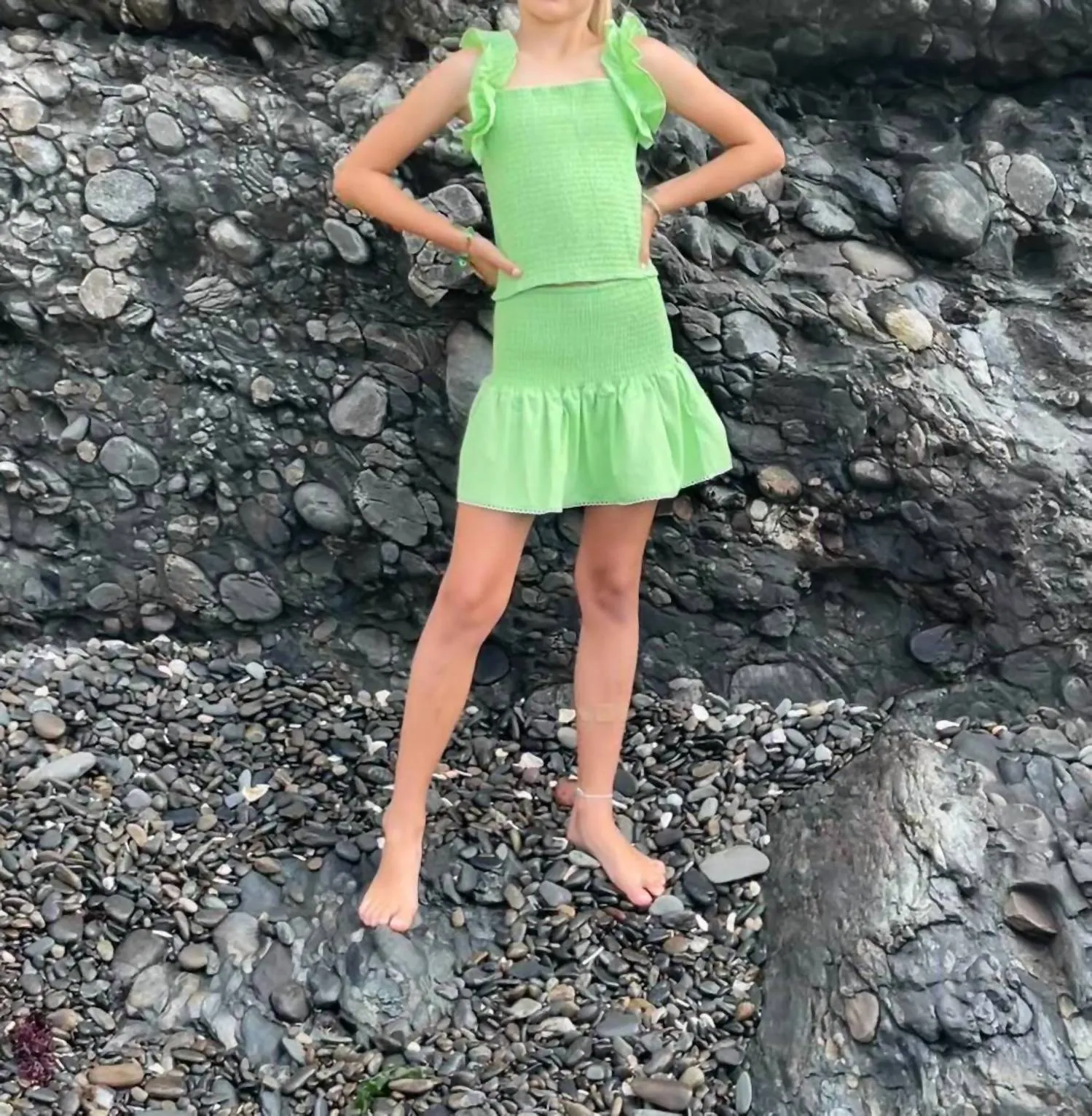 Kids Smocked Ruffle Tank Top In Lime Green