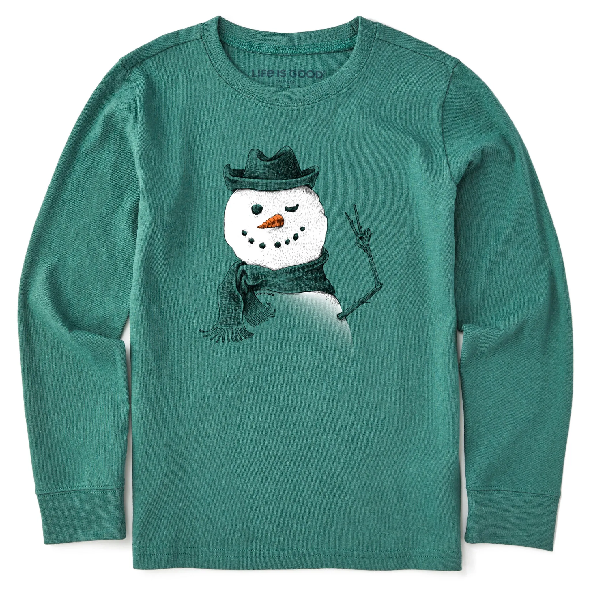 Kids Snowman Peace Sign Long Sleeve Crusher Tee Life is Good
