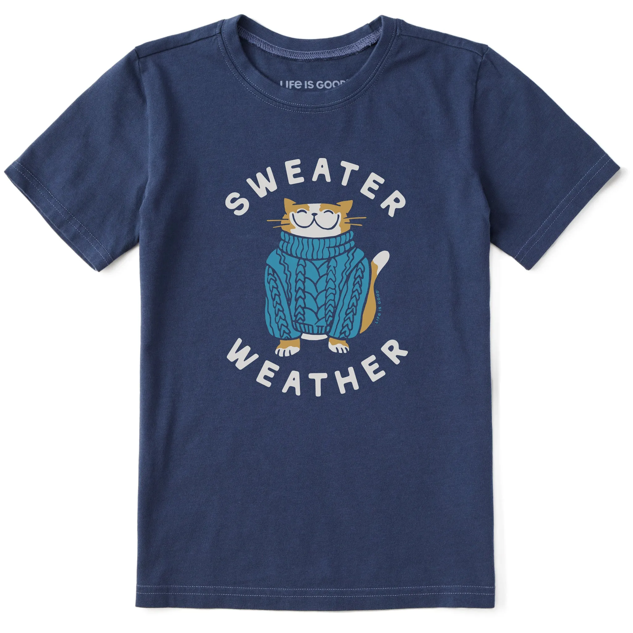 Kids Sweater Weather Cat Short Sleeve Crusher Tee Life is Good