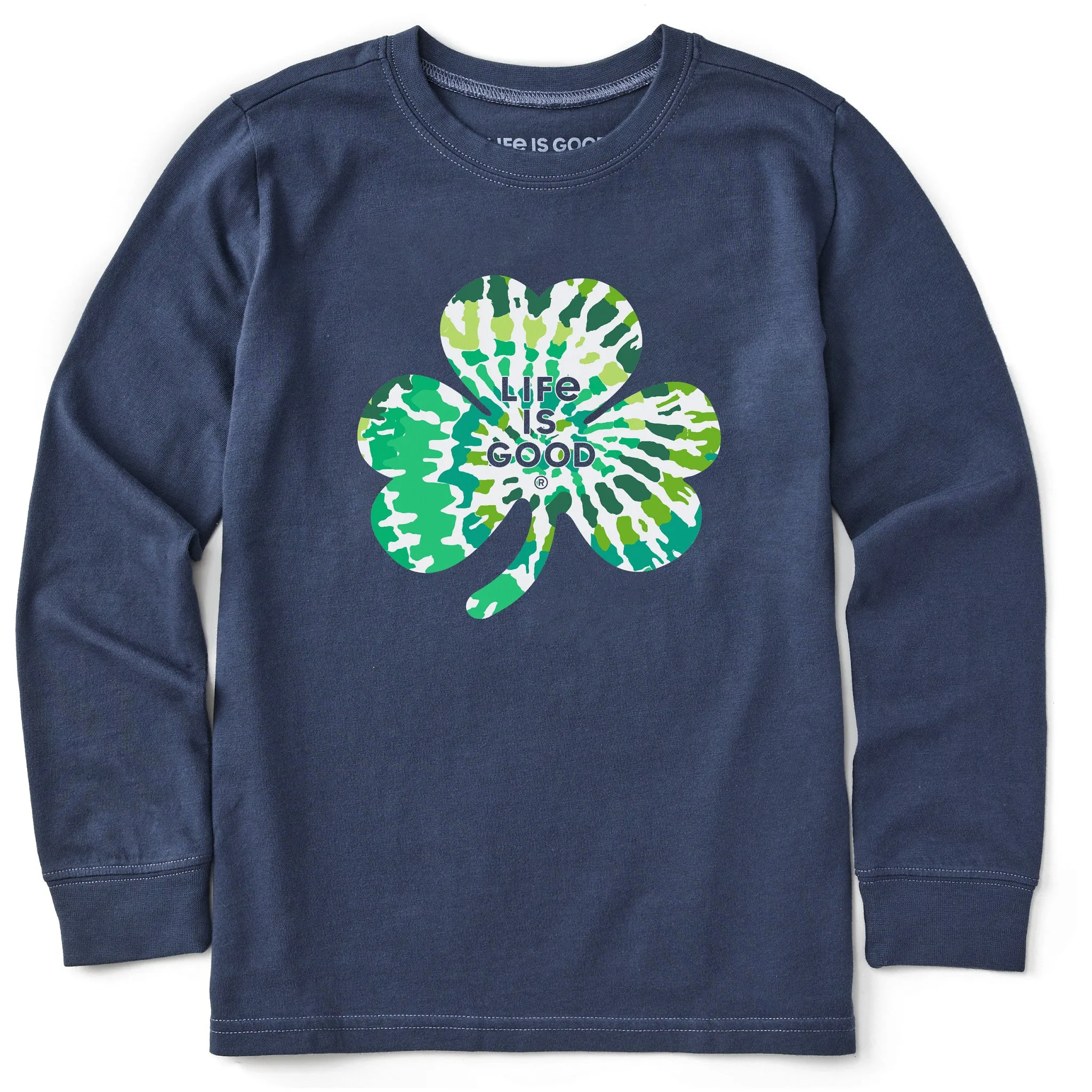 Kids Tie Dye Clover Long Sleeve Crusher Tee Life is Good