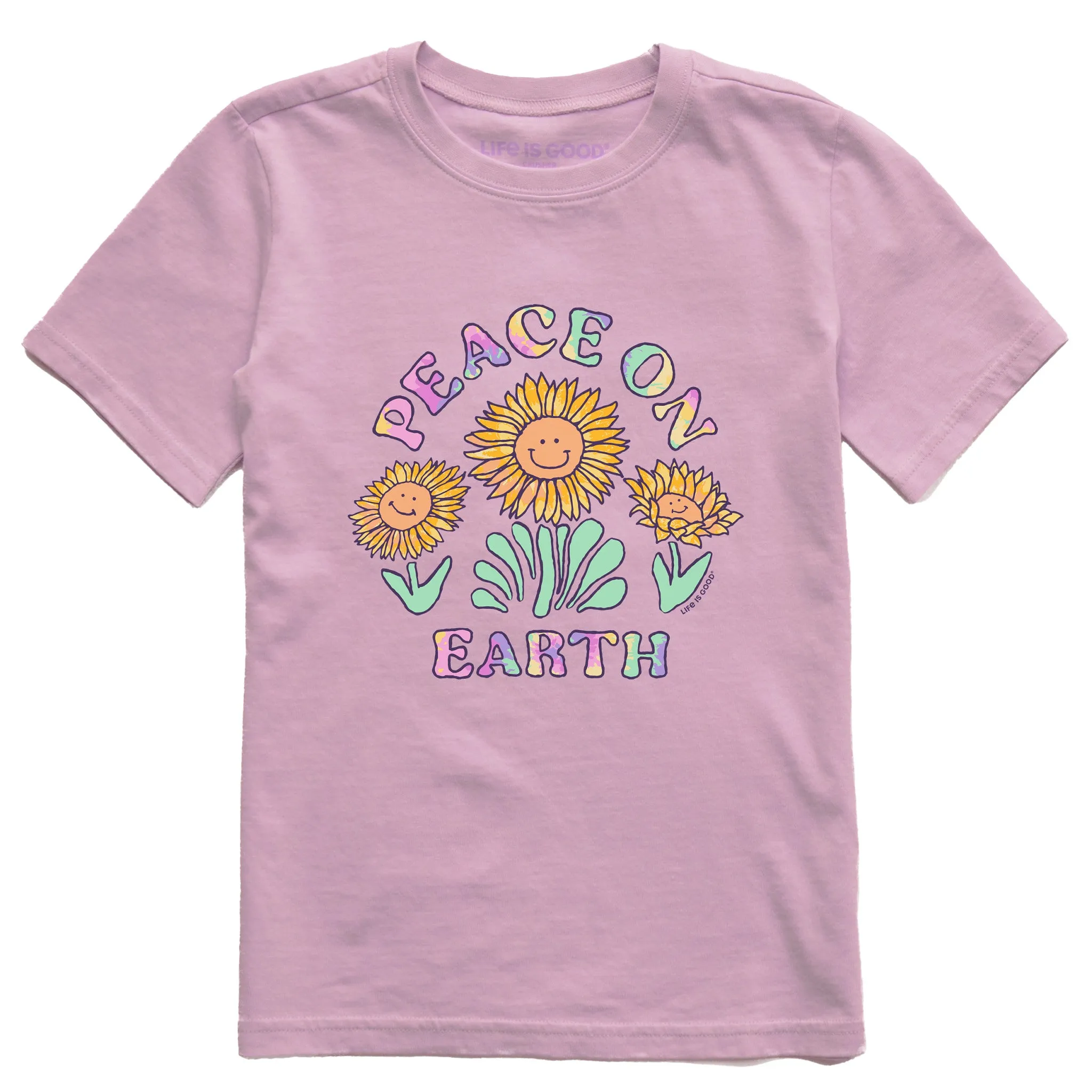 Kids Tie Dye Peace on Earth Sunflowers Short Sleeve Crusher Tee Life is Good