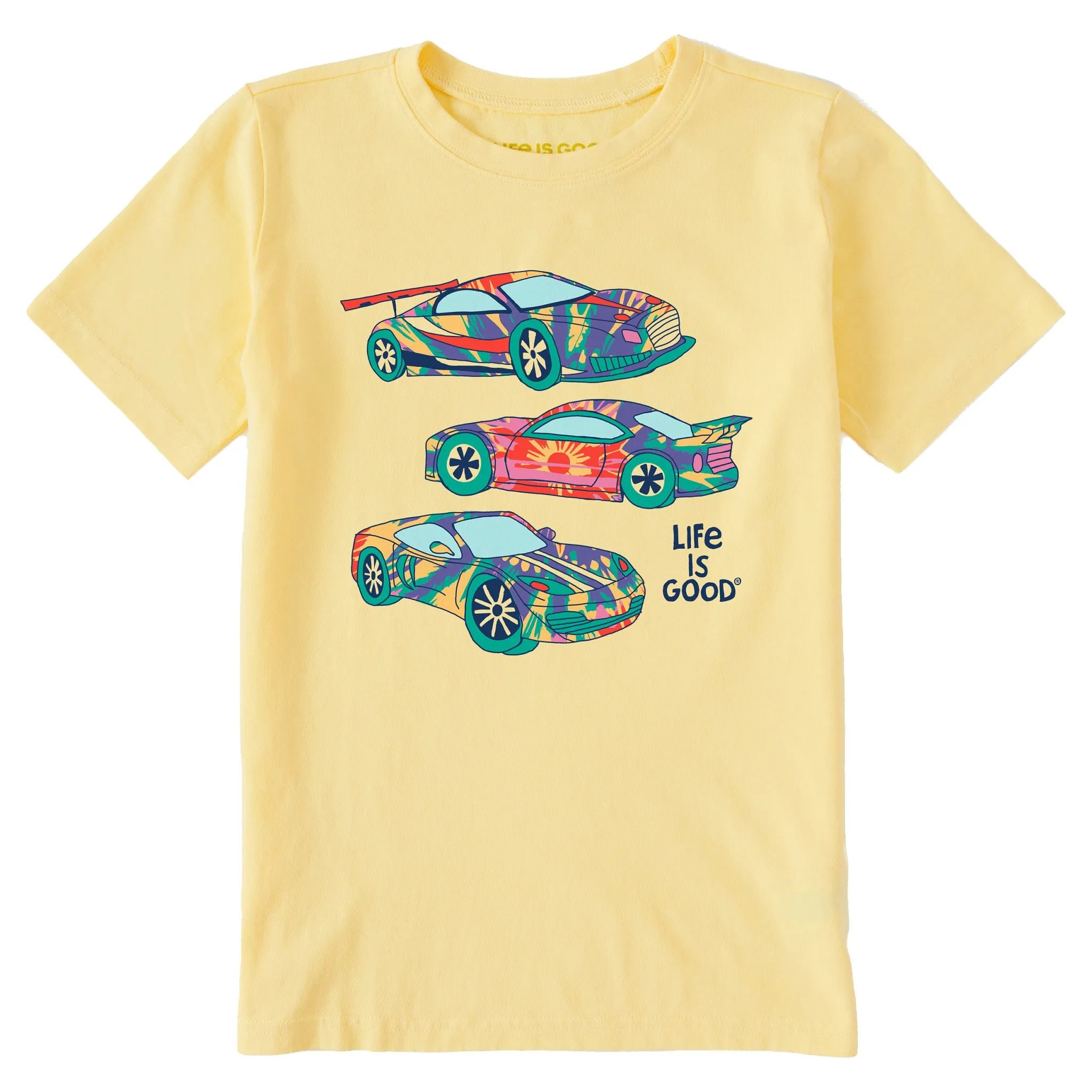 Kids Tie Dye Race Cars Short Sleeve Crusher Tee Life is Good