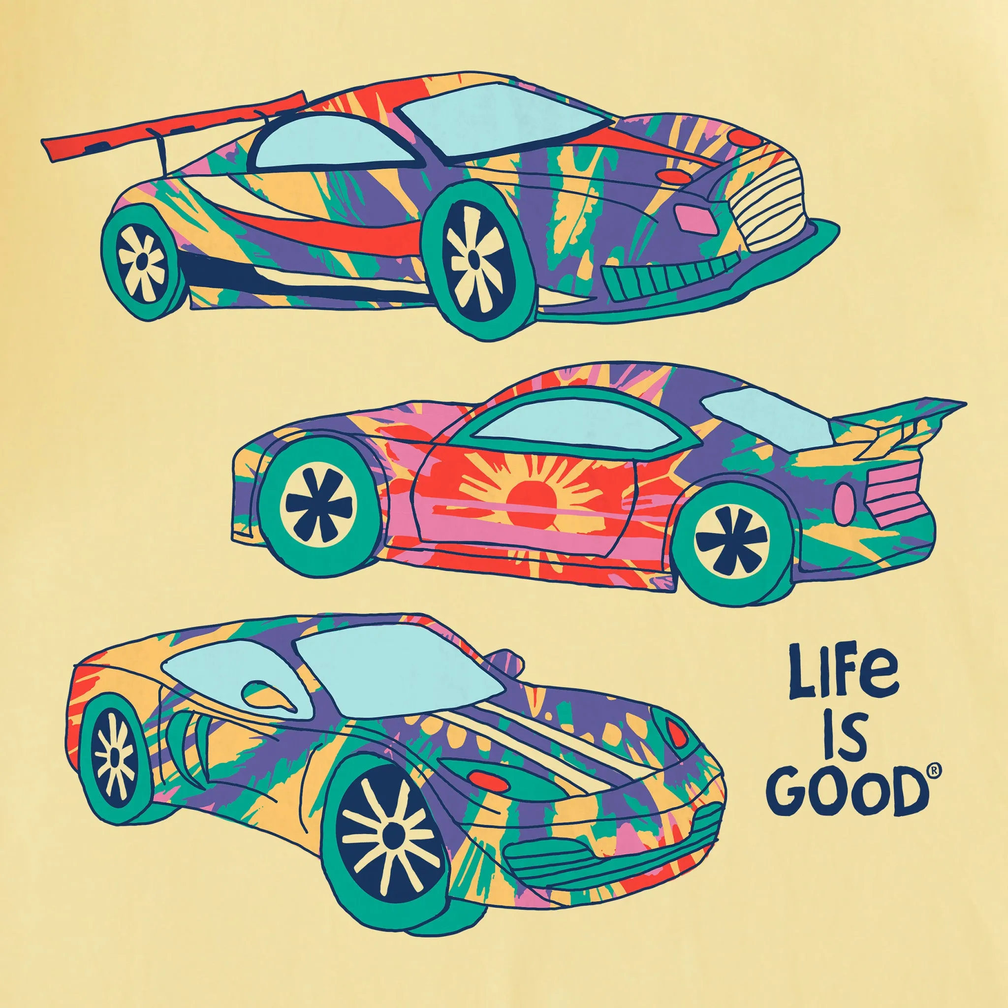 Kids Tie Dye Race Cars Short Sleeve Crusher Tee Life is Good