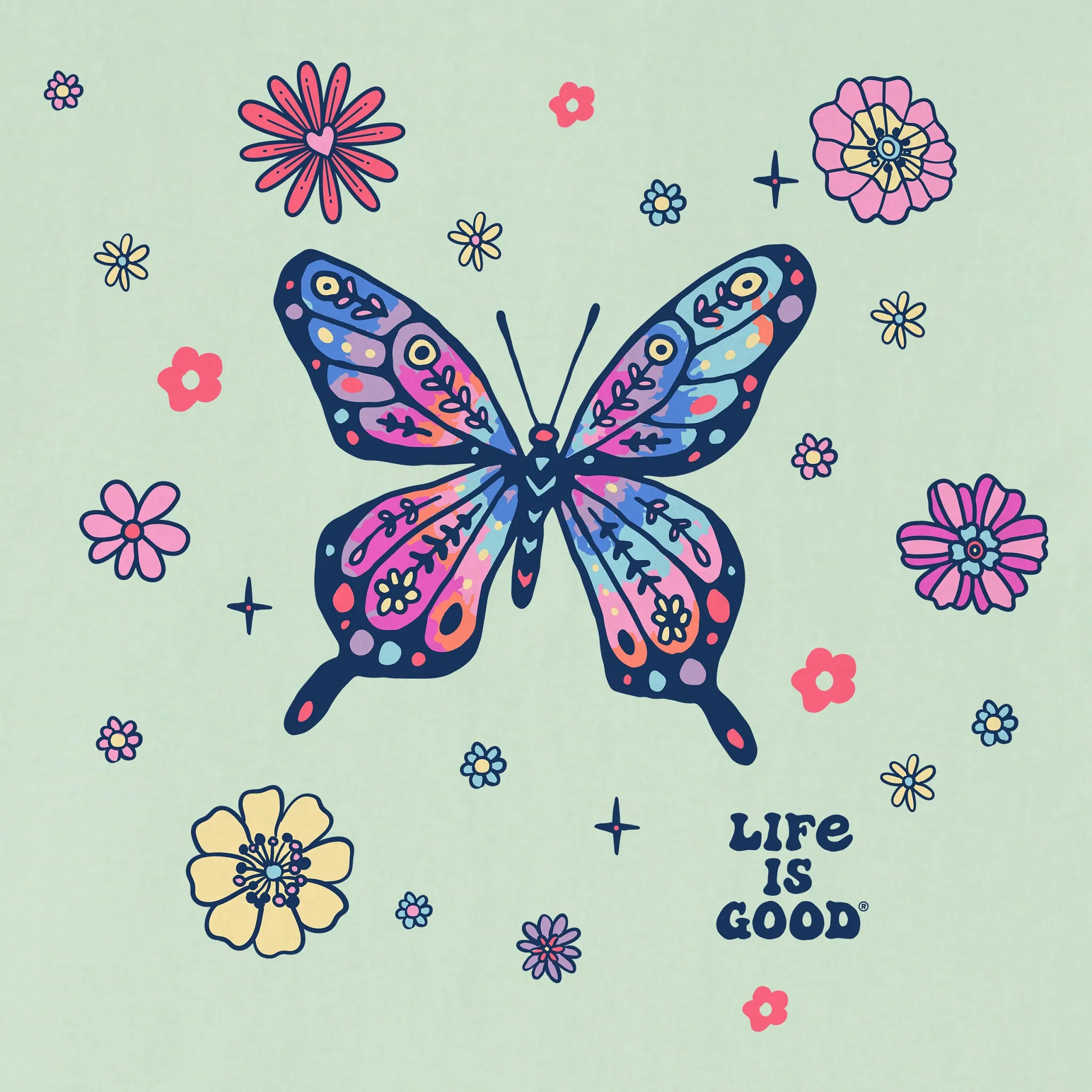 Kids Tie Dye Retro Butterfly Flowers Short Sleeve Crusher Tee Life is Good