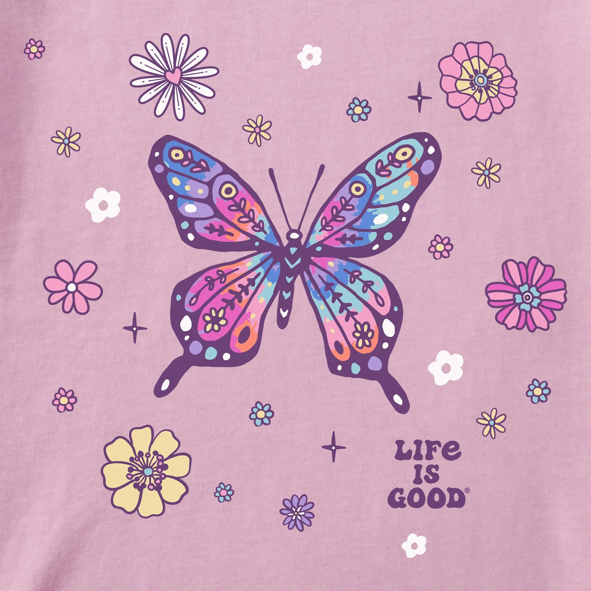 Kids Tie Dye Retro Butterfly Flowers Short Sleeve Crusher Tee Life is Good