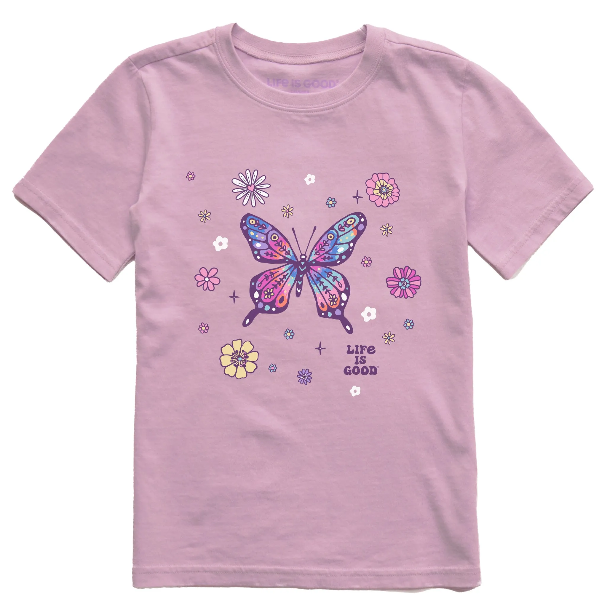 Kids Tie Dye Retro Butterfly Flowers Short Sleeve Crusher Tee Life is Good