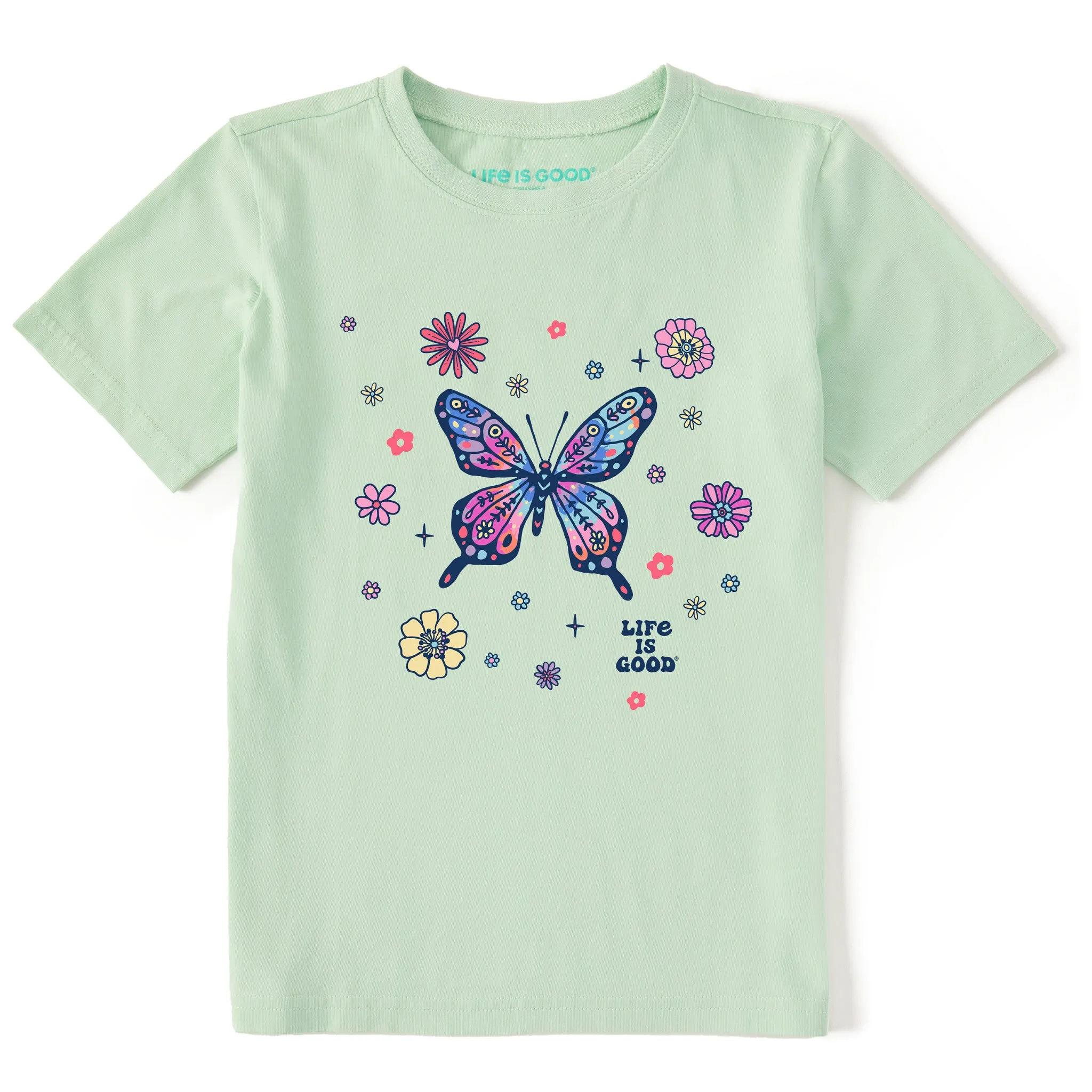 Kids Tie Dye Retro Butterfly Flowers Short Sleeve Crusher Tee Life is Good