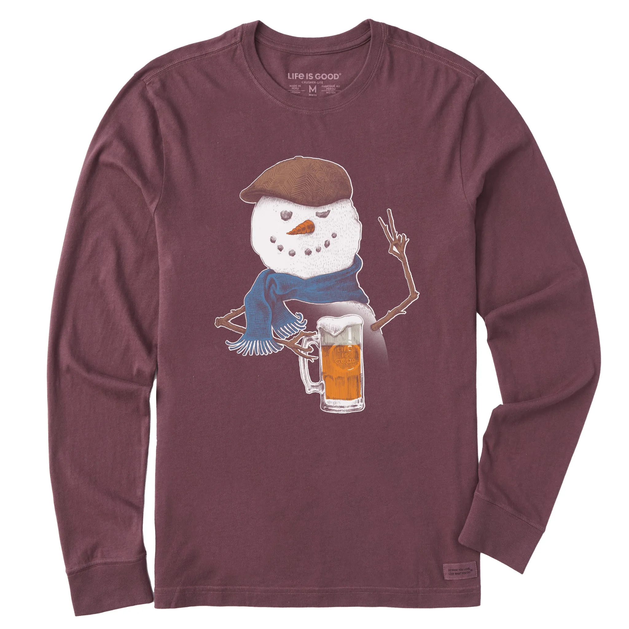 Men's Peaceful Snowman w Beer Long Sleeve Crusher Tee Life is Good