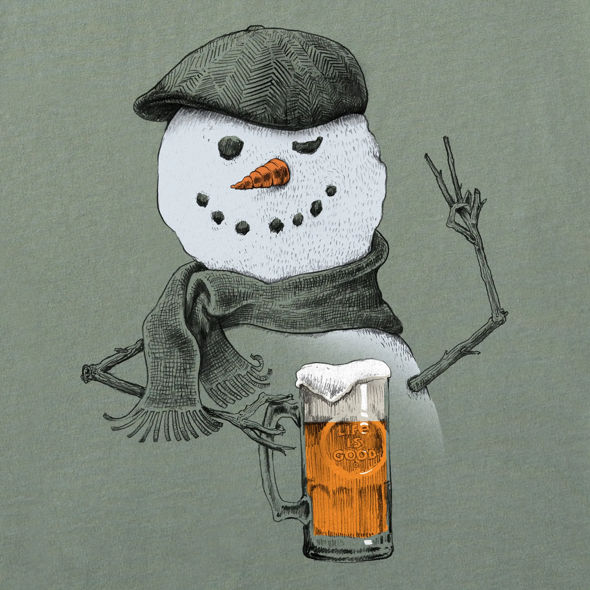 Men's Peaceful Snowman w Beer Long Sleeve Crusher Tee Life is Good