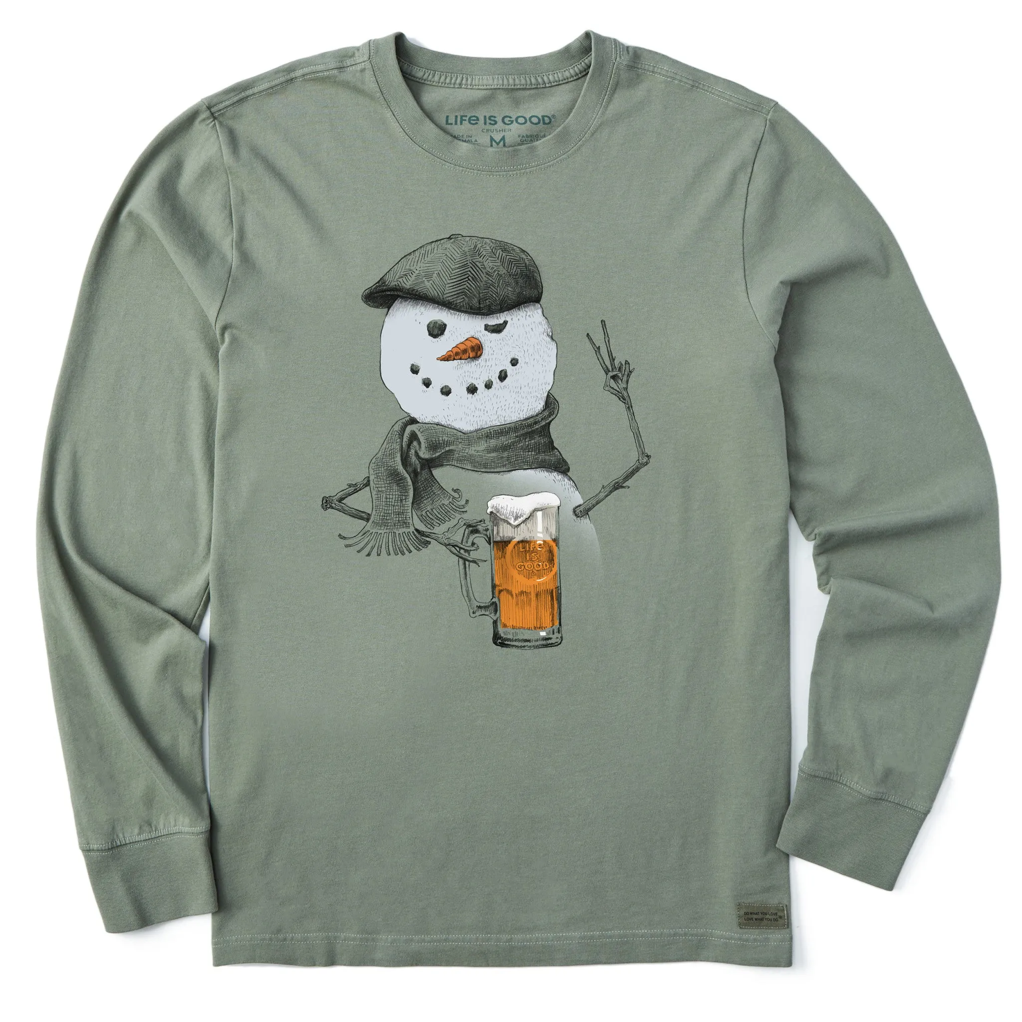 Men's Peaceful Snowman w Beer Long Sleeve Crusher Tee Life is Good