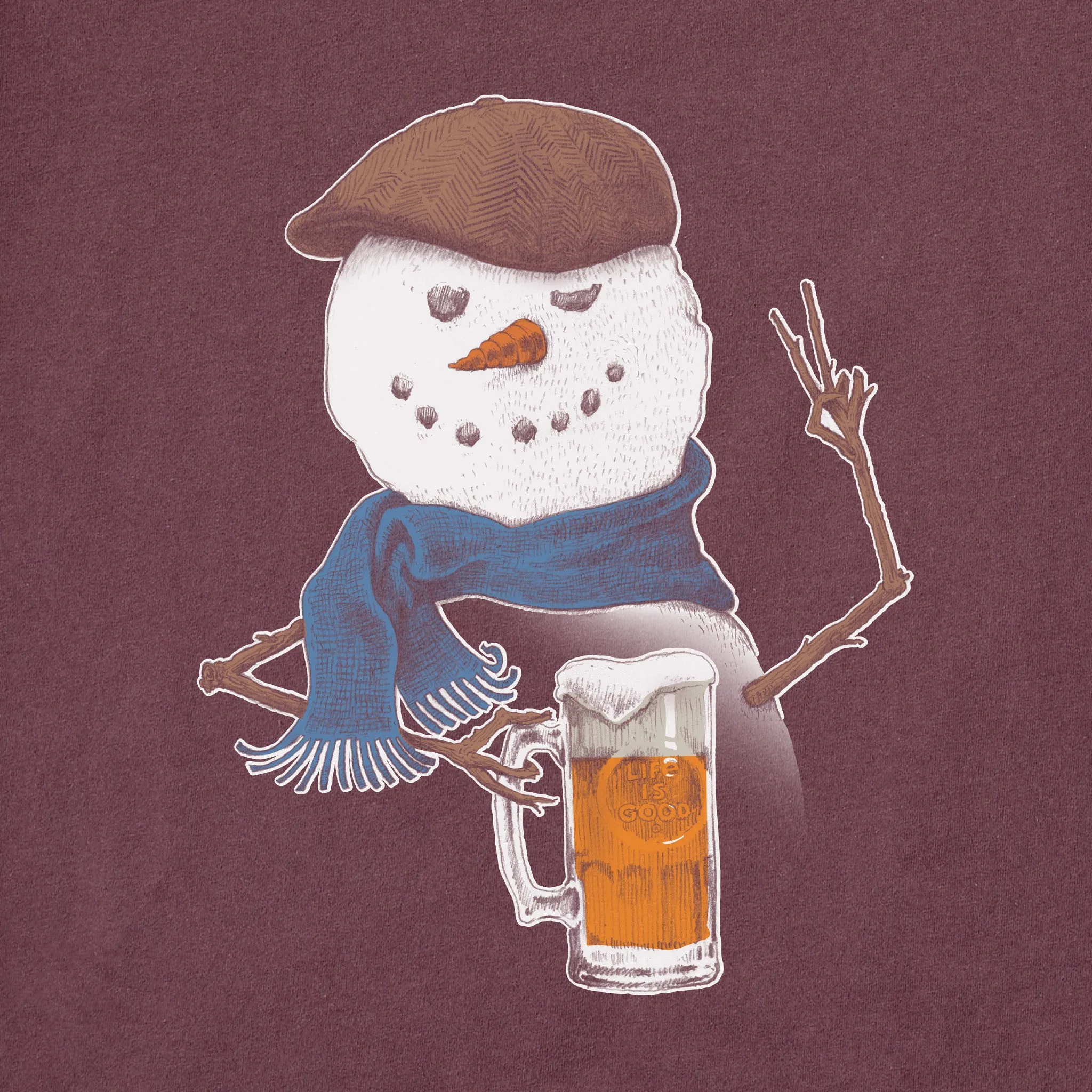 Men's Peaceful Snowman w Beer Long Sleeve Crusher Tee Life is Good