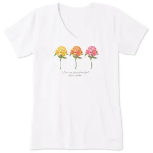 Women's 3 Botanical Peonies Short Sleeve Vee Life is Good