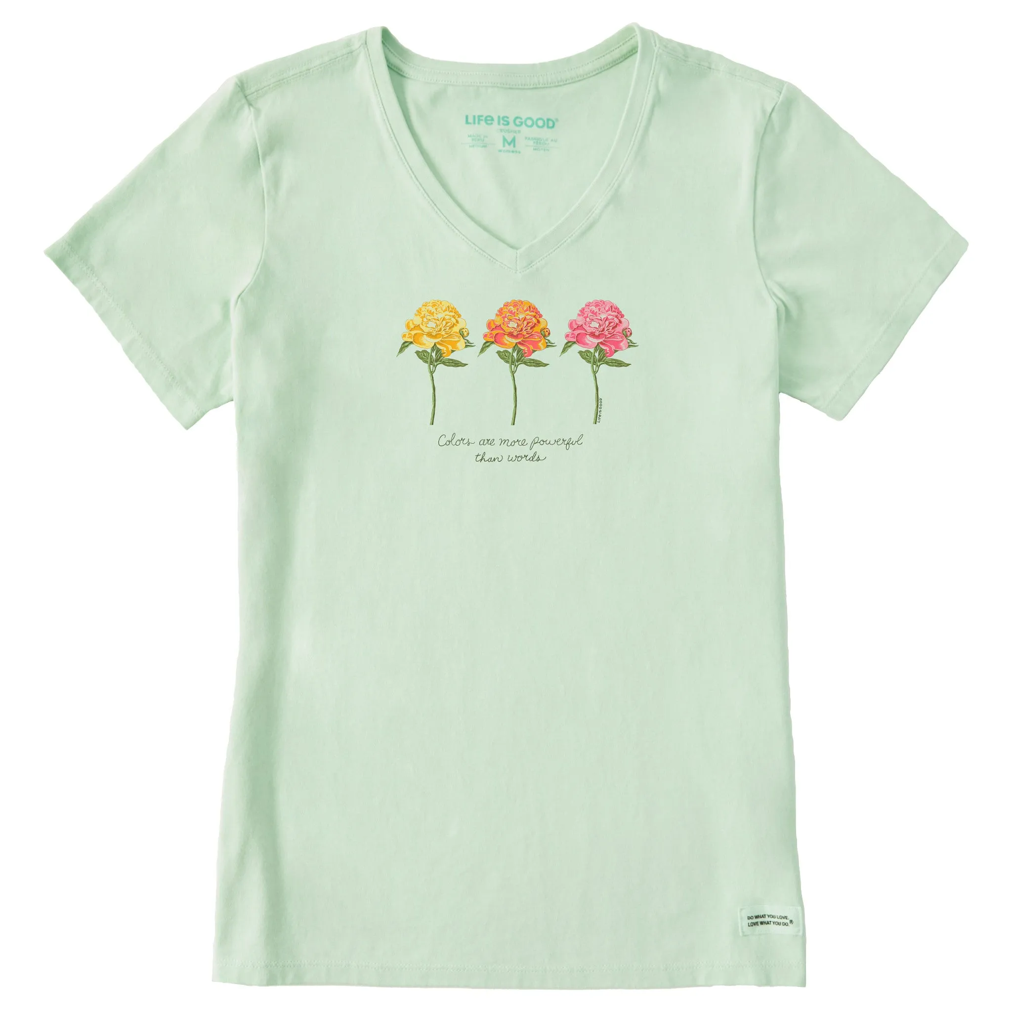 Women's 3 Botanical Peonies Short Sleeve Vee Life is Good
