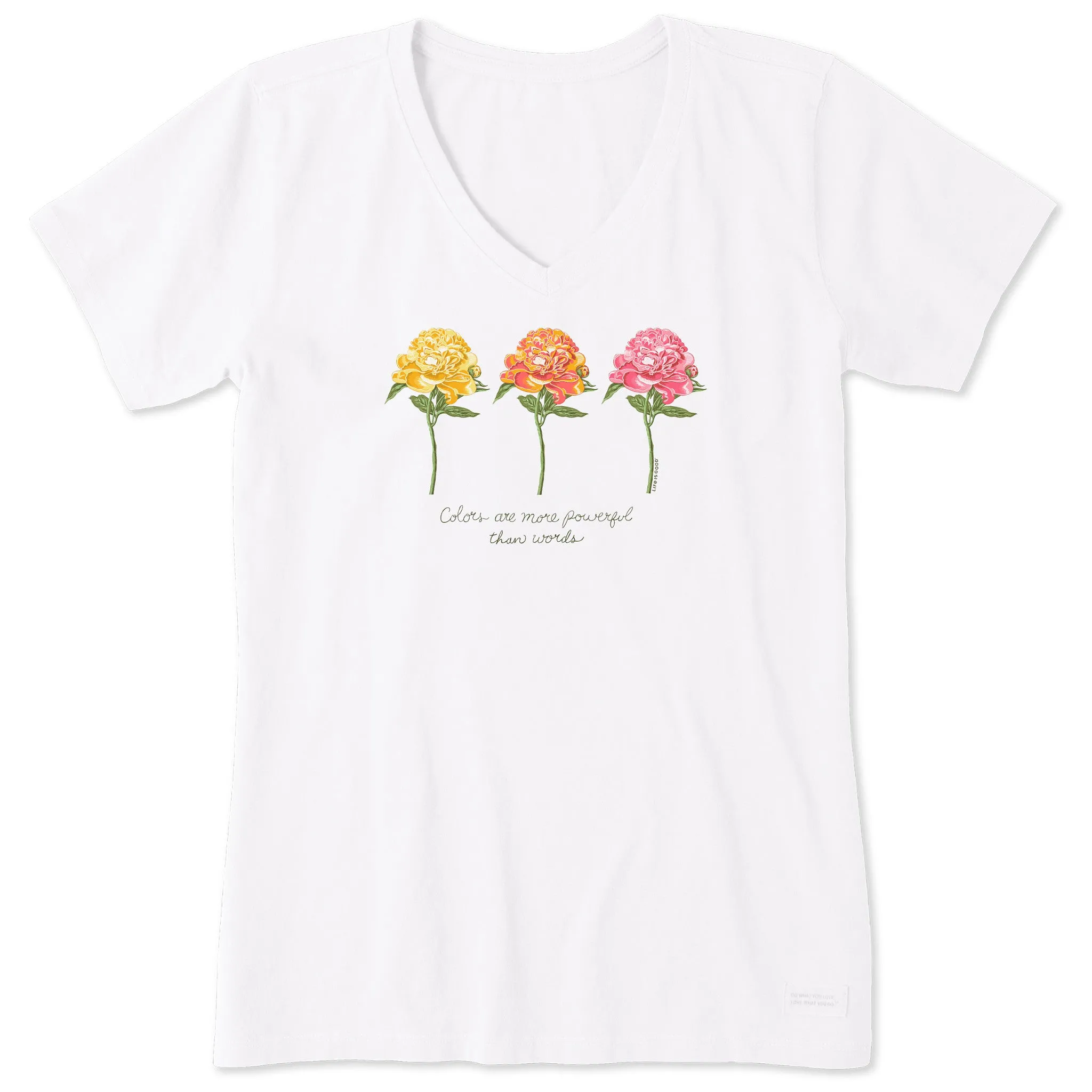 Women's 3 Botanical Peonies Short Sleeve Vee Life is Good