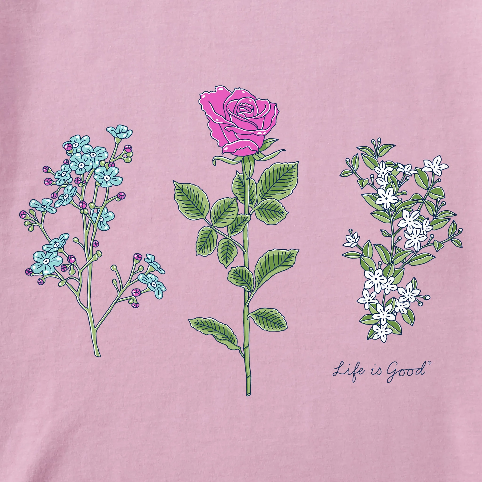 Women's 3 Botanical Rose Jasmine Short Sleeve Crusher Vee Life is Good