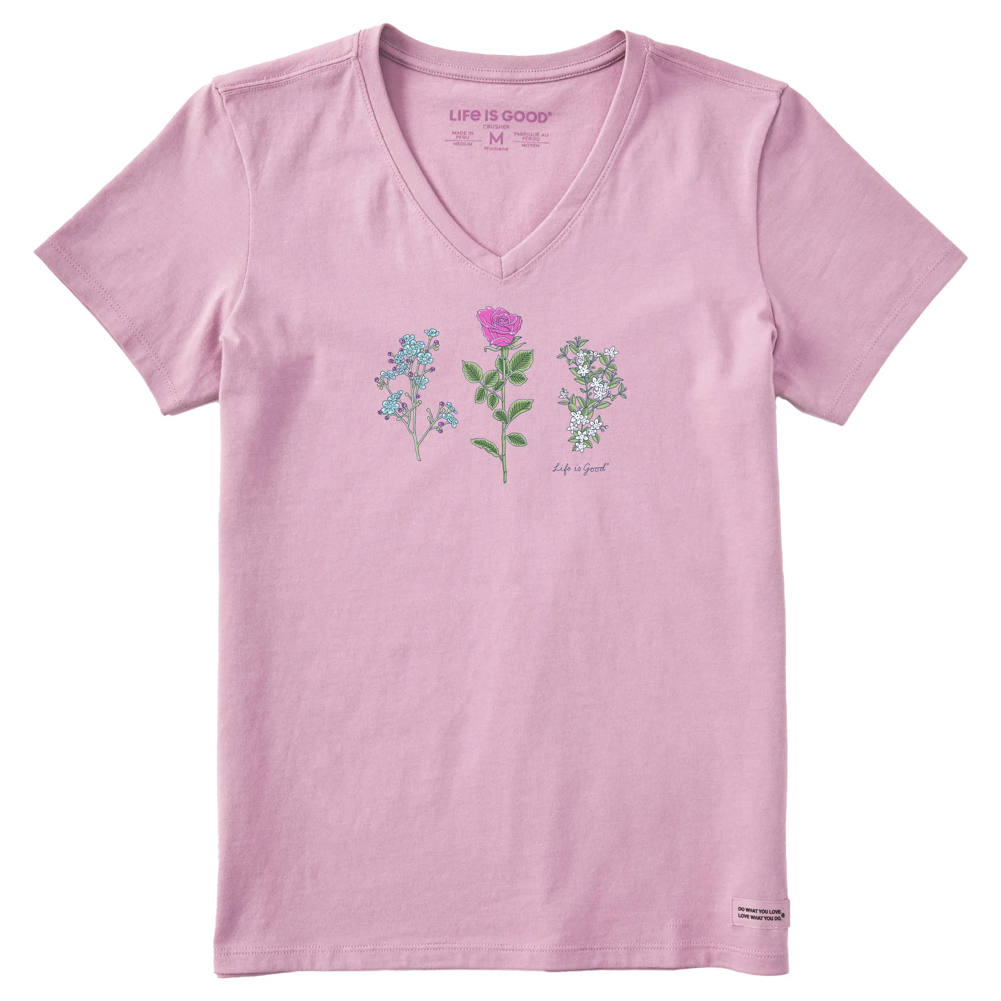 Women's 3 Botanical Rose Jasmine Short Sleeve Crusher Vee Life is Good