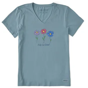 Women's 3 Colorful Daisies Short Sleeve Vee Life is Good
