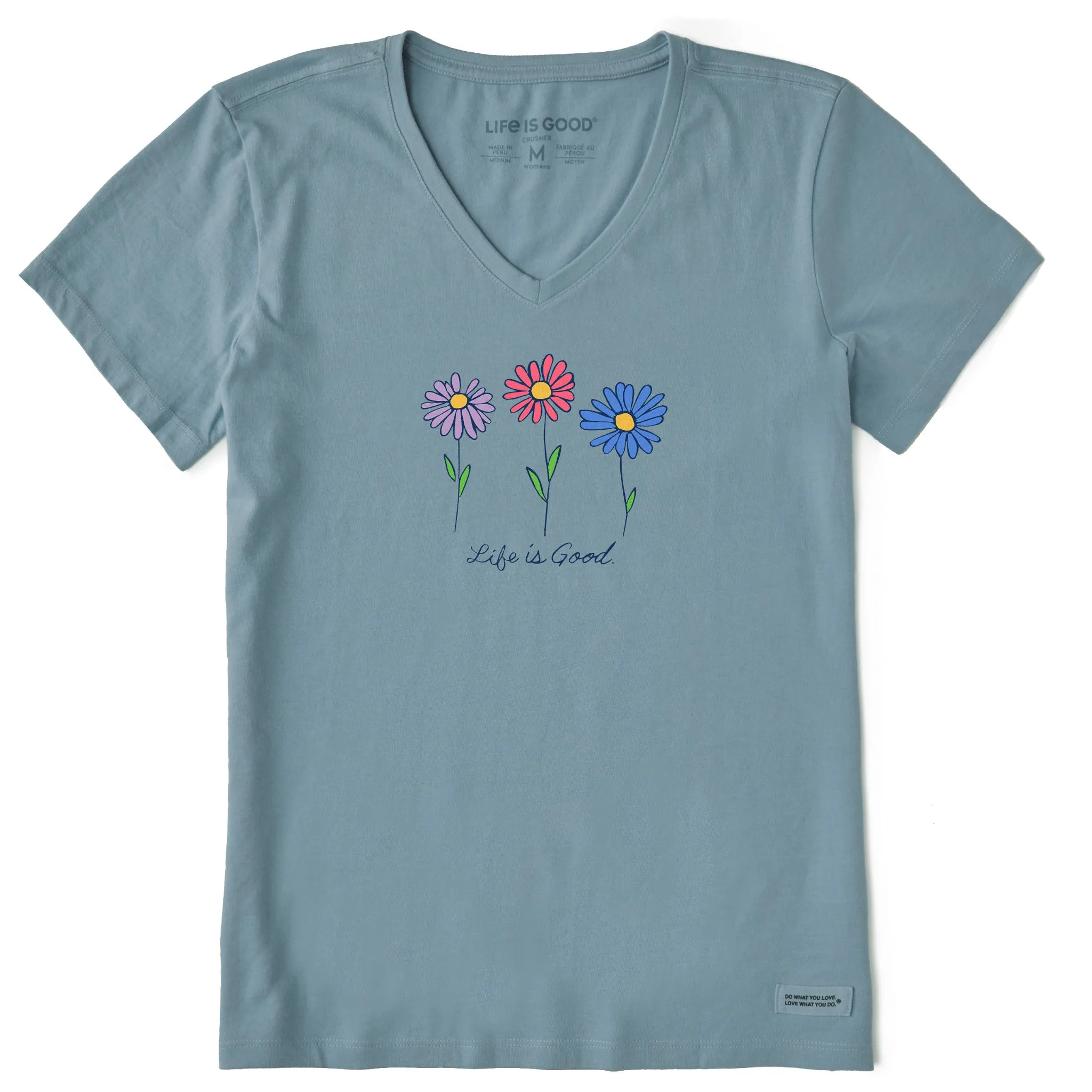 Women's 3 Colorful Daisies Short Sleeve Vee Life is Good