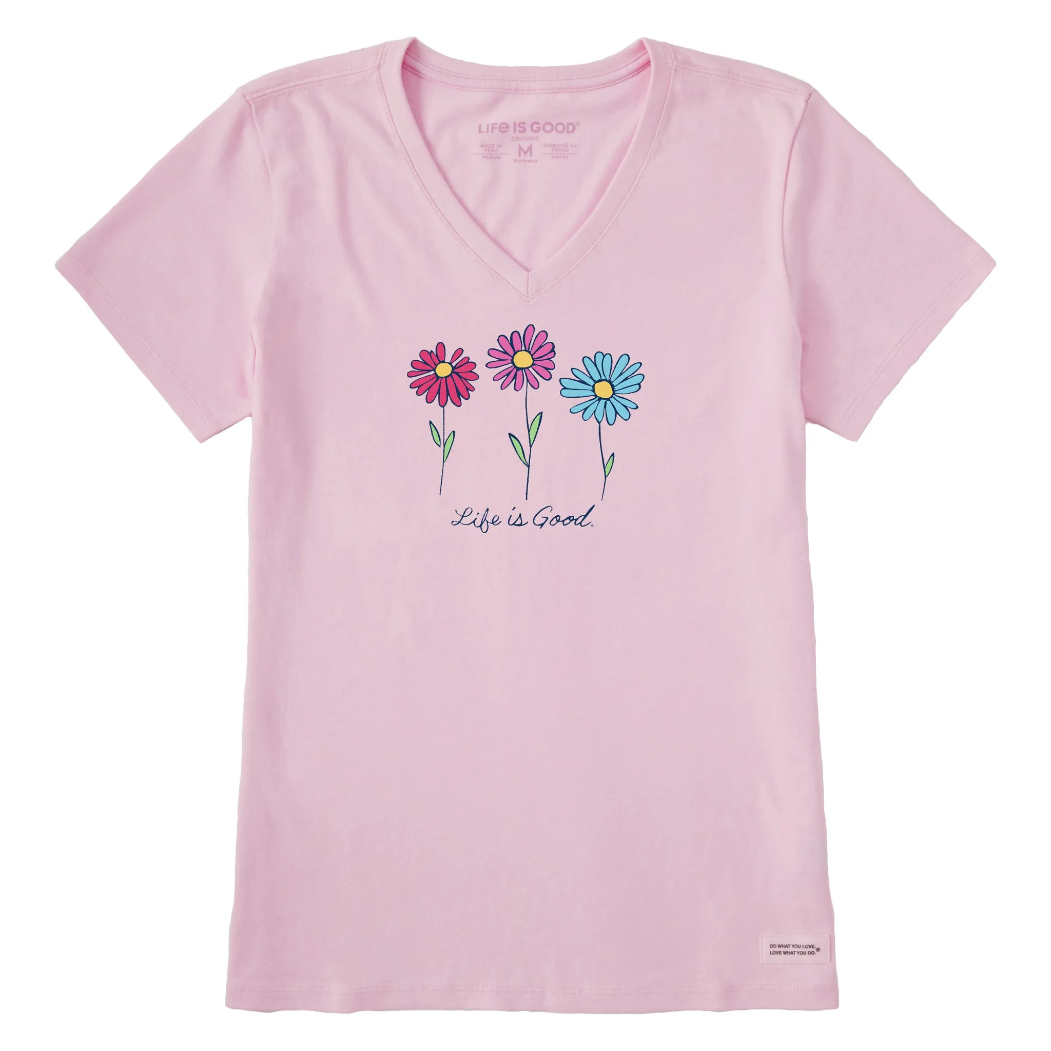 Women's 3 Colorful Daisies Short Sleeve Vee Life is Good