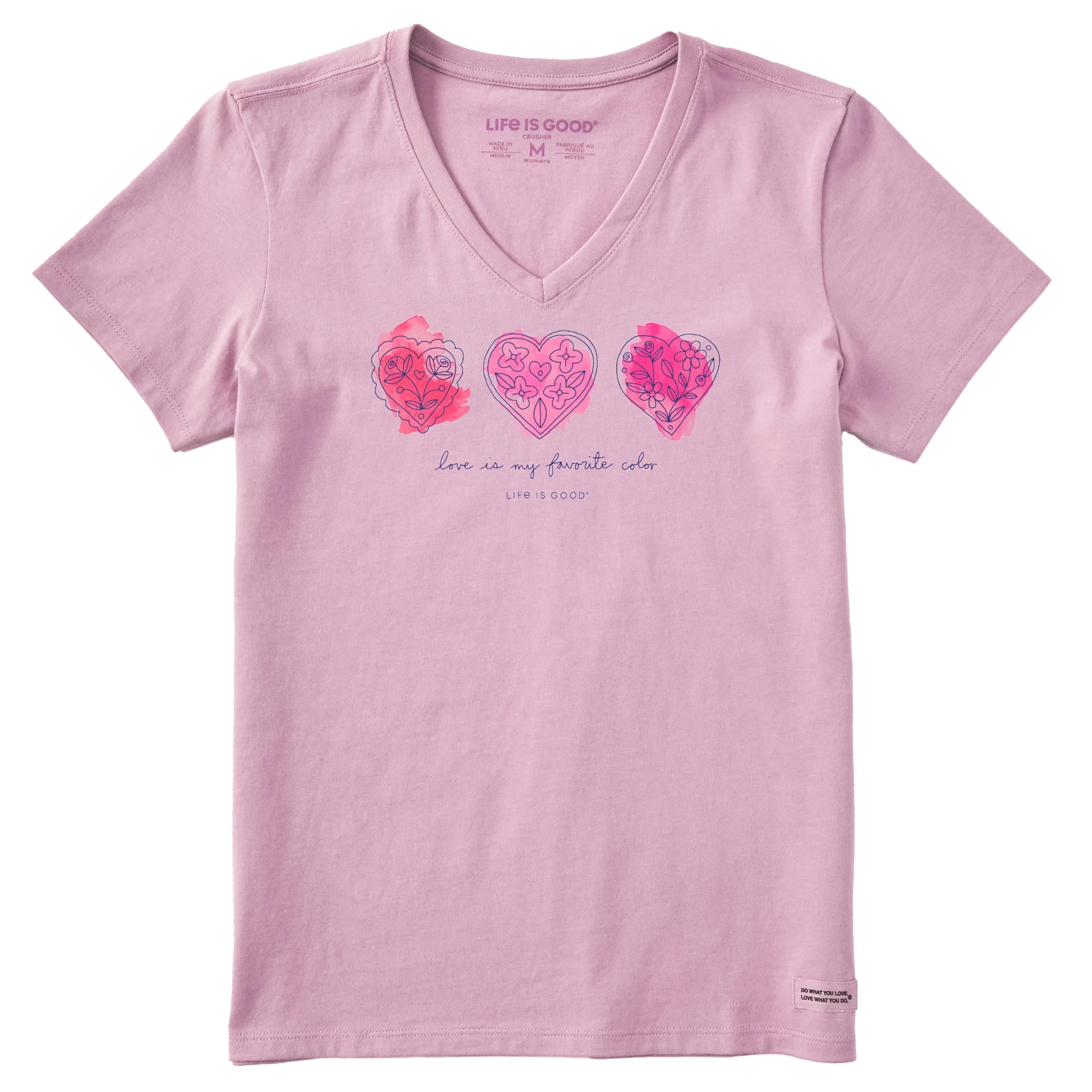 Women's 3 Doodle Hearts Short Sleeve Vee Life is Good