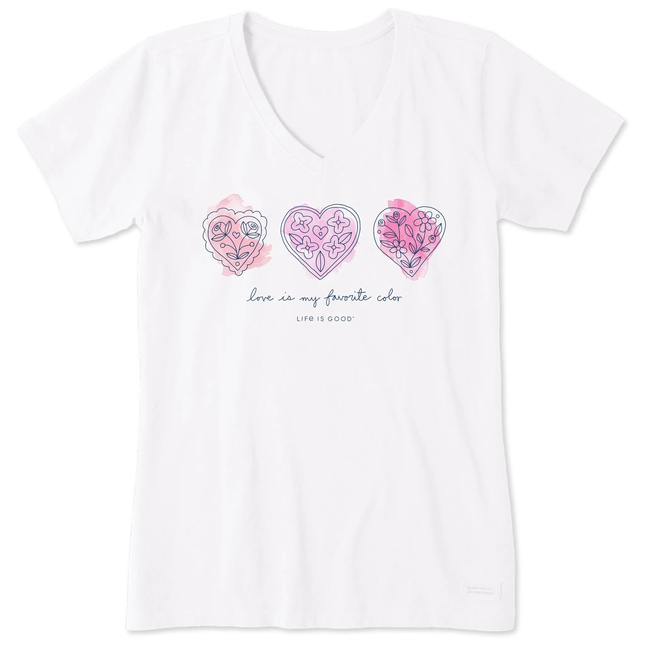 Women's 3 Doodle Hearts Short Sleeve Vee Life is Good
