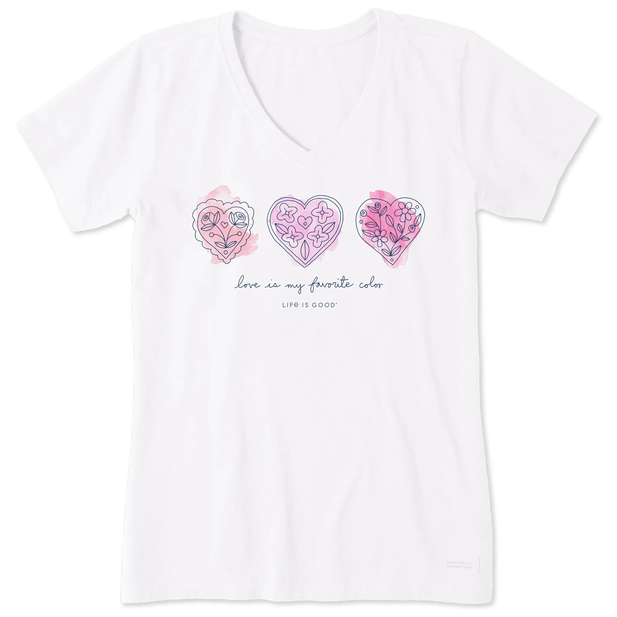 Women's 3 Doodle Hearts Short Sleeve Vee Life is Good