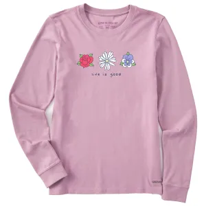 Women's 3 Flowers Rose Daisy Pansy Long Sleeve Crusher Tee Life is Good