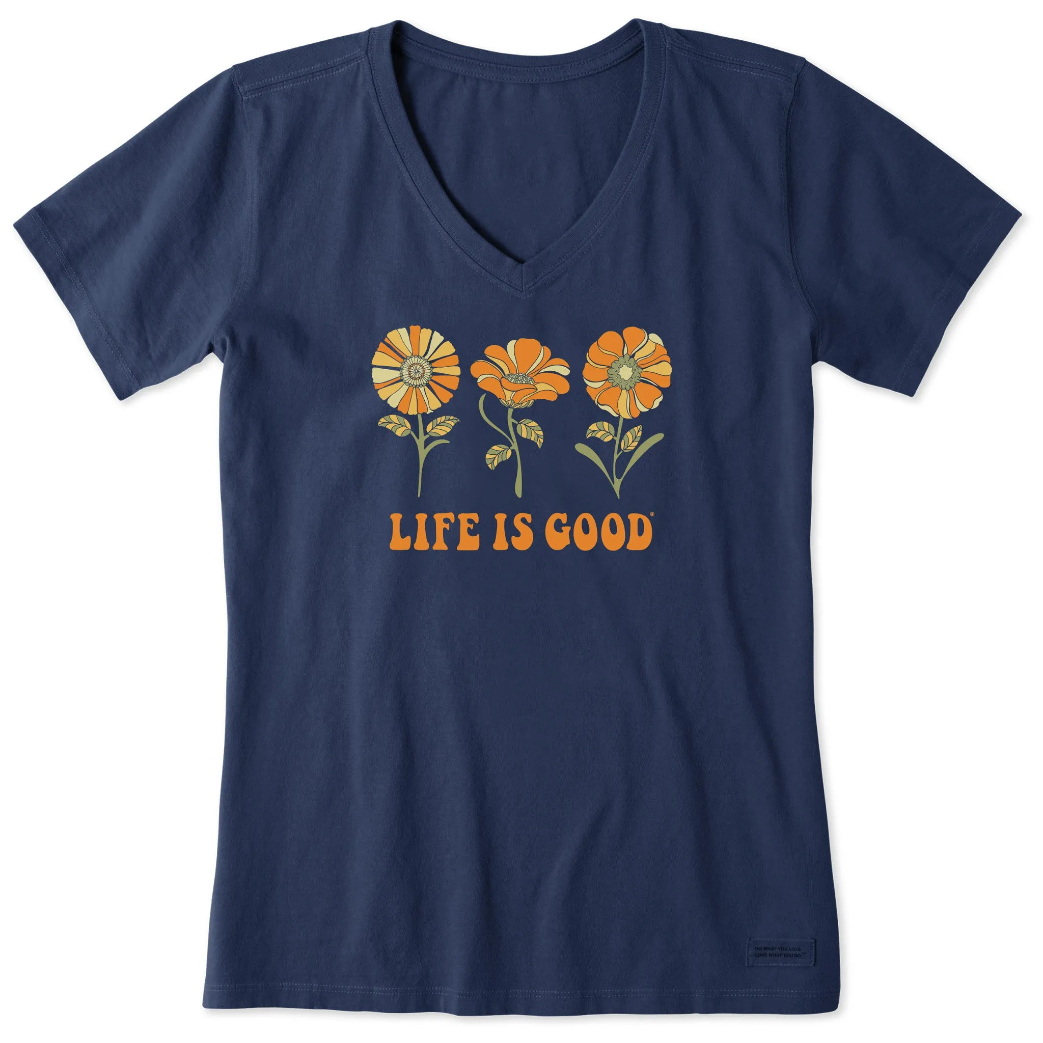 Women's 3 Flowers Short Sleeve Crusher Vee Life is Good