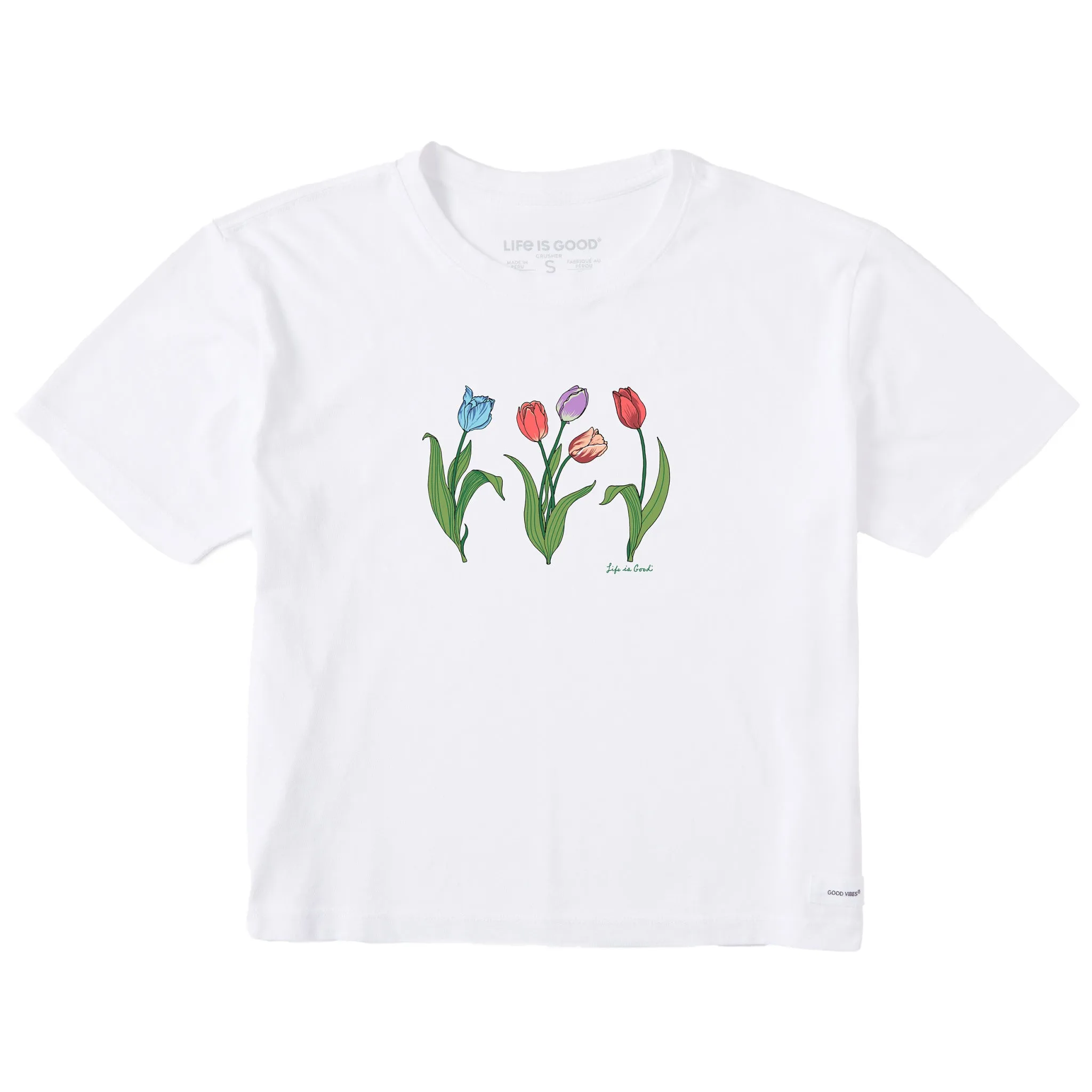 Women's 3 Genuine Tulips Short Sleeve Crusher Boxy Tee Life is Good
