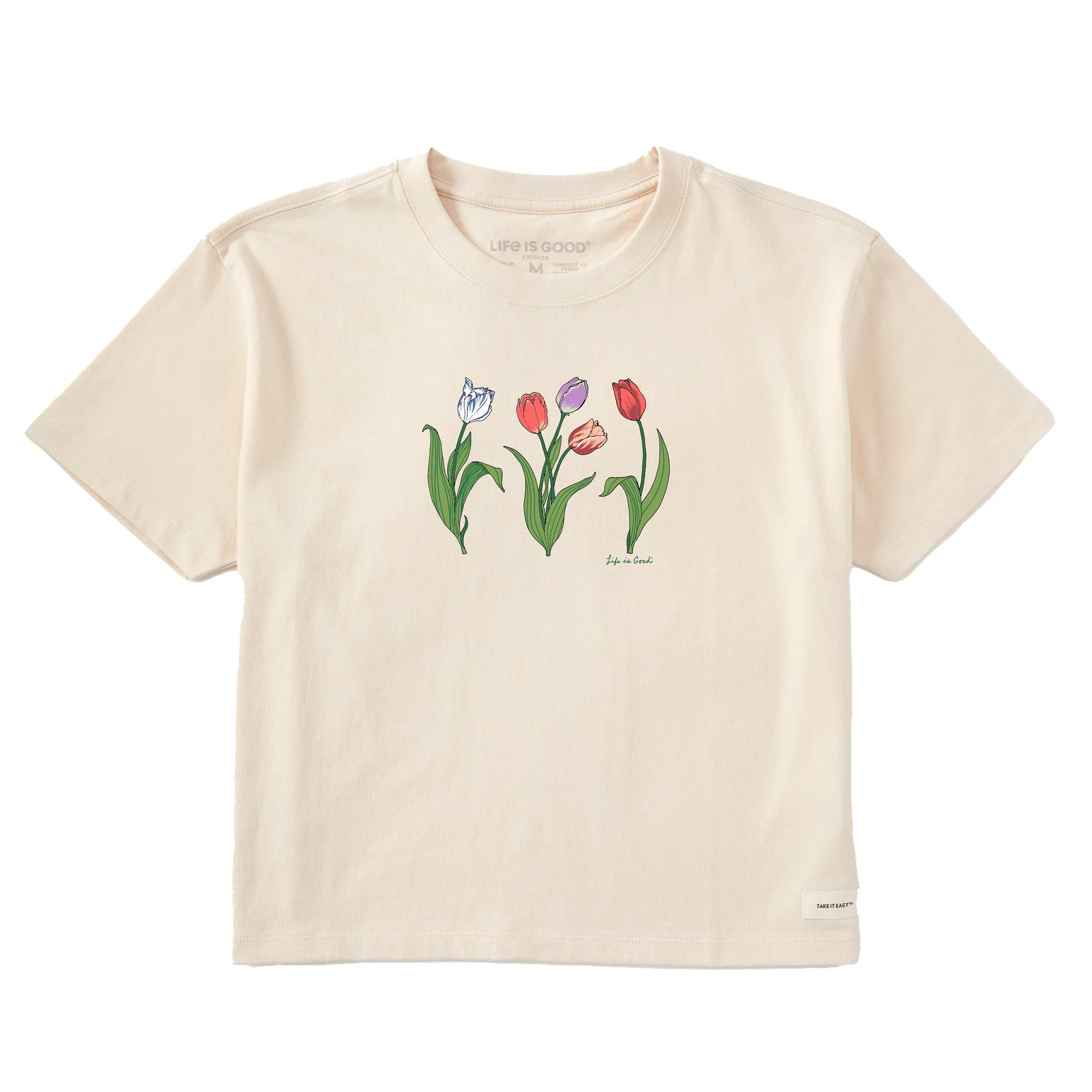 Women's 3 Genuine Tulips Short Sleeve Crusher Boxy Tee Life is Good