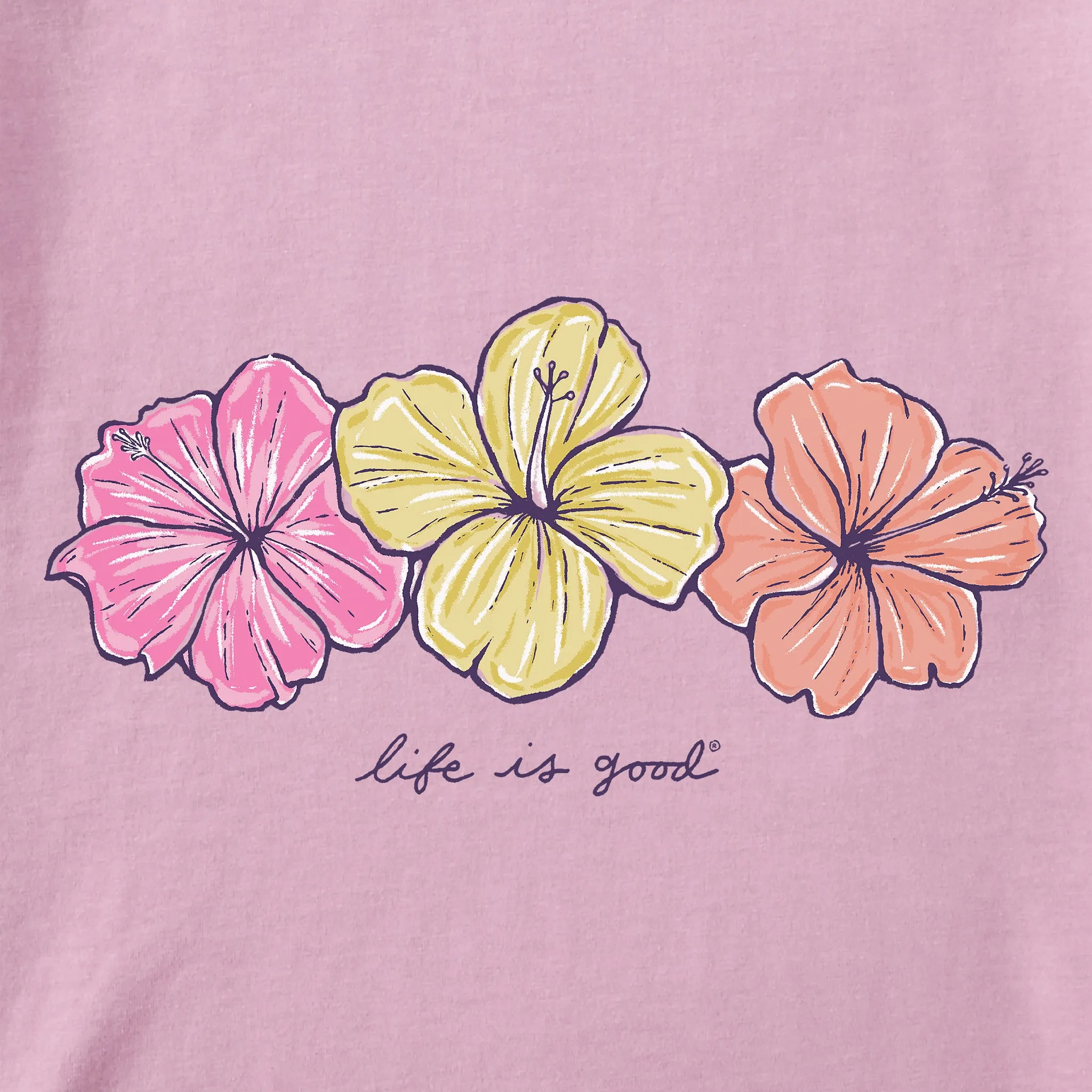Women's 3 Hibiscuses Short Sleeve Crusher Boxy Tee Life is Good