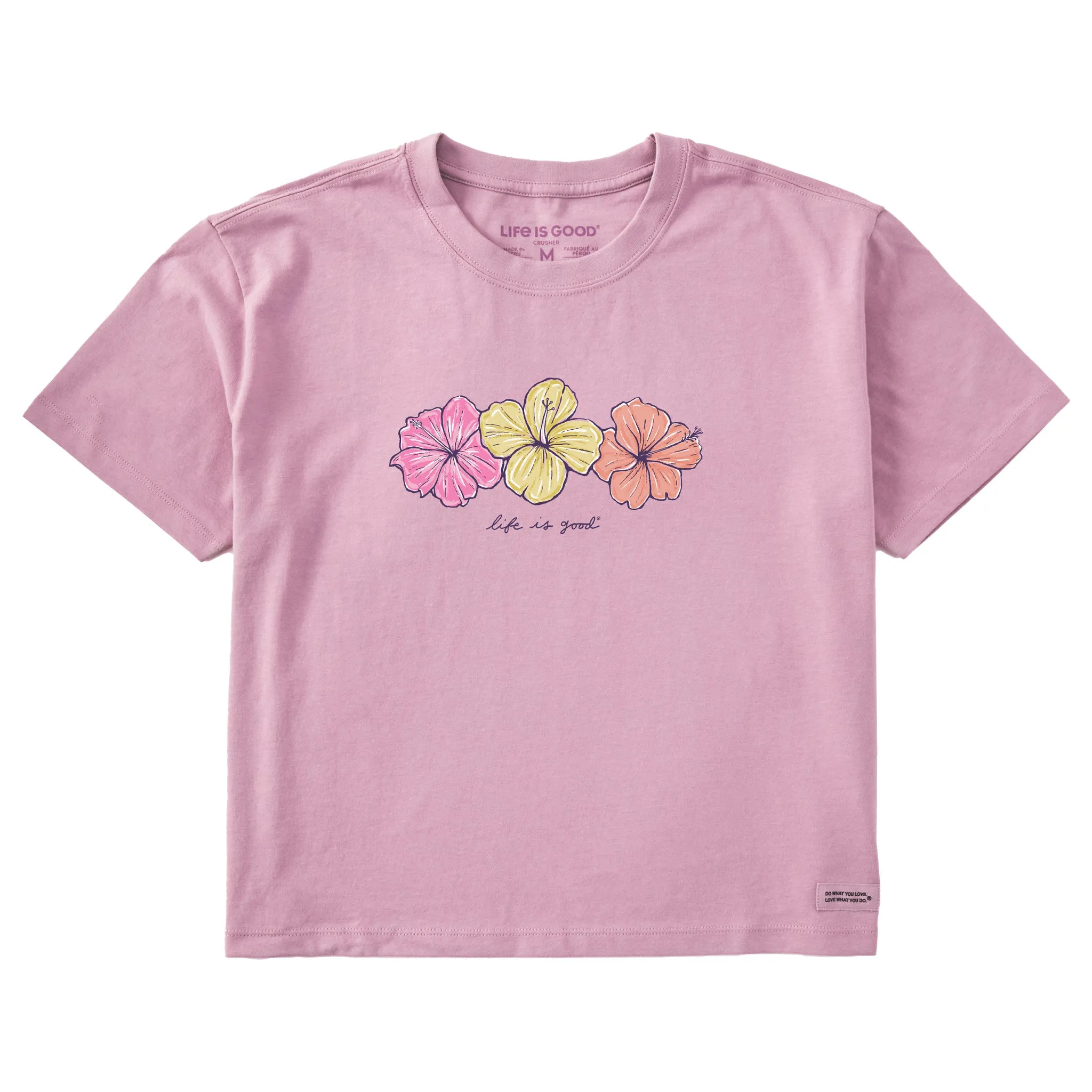 Women's 3 Hibiscuses Short Sleeve Crusher Boxy Tee Life is Good