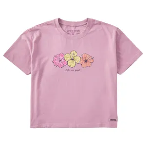 Women's 3 Hibiscuses Short Sleeve Crusher Boxy Tee Life is Good