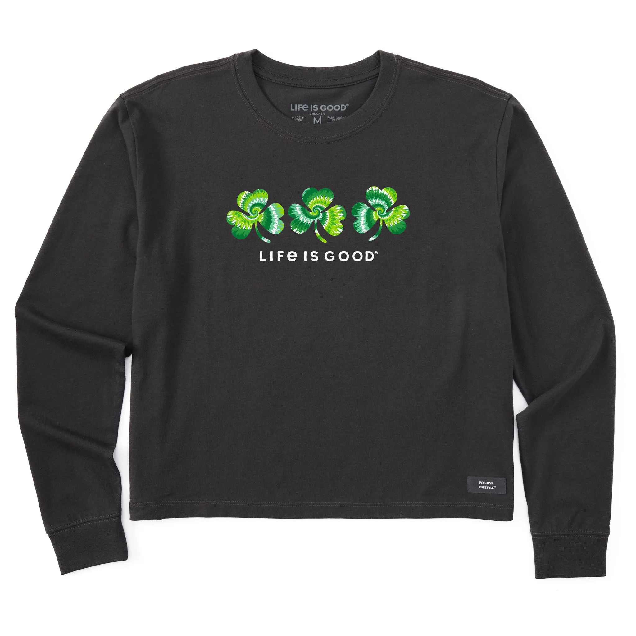 Women's 3 Tie Dye Clovers Long Sleeve Crusher Boxy Tee Life is Good