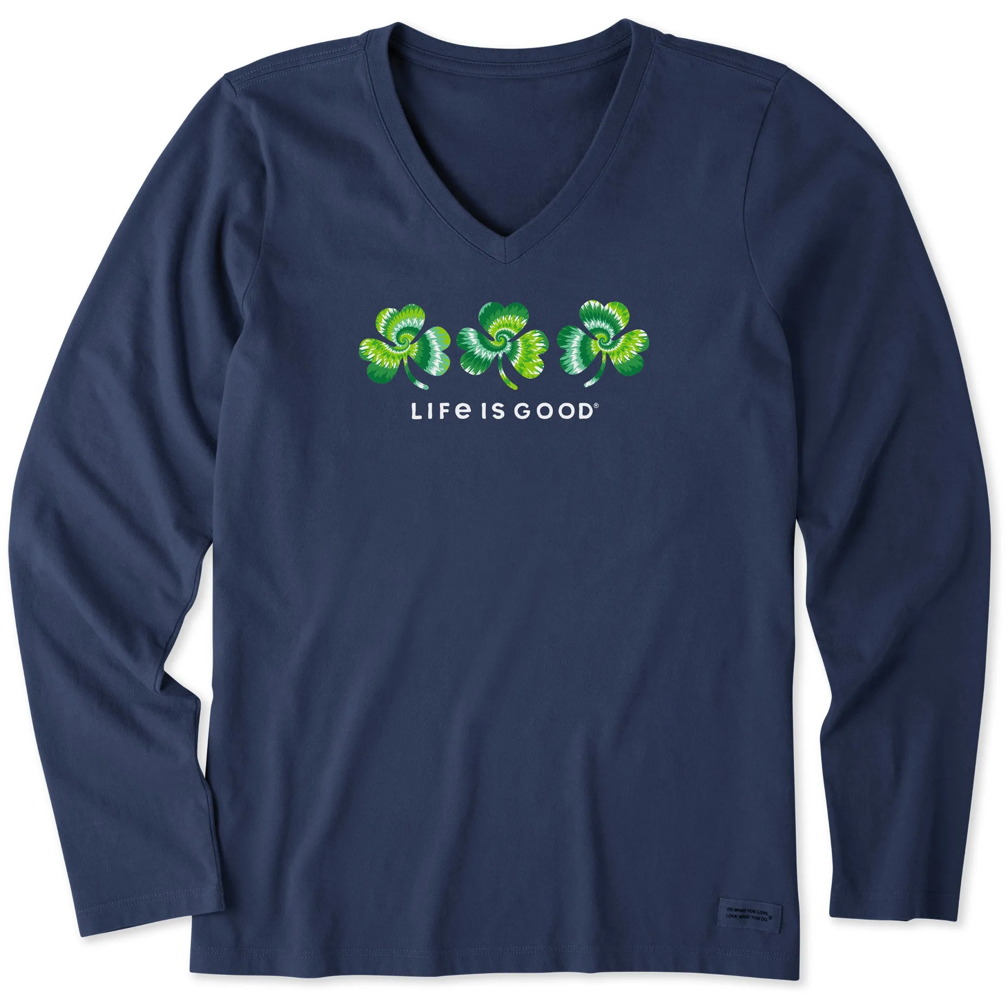 Women's 3 Tie Dye Clovers Long Sleeve Crusher Vee Life is Good